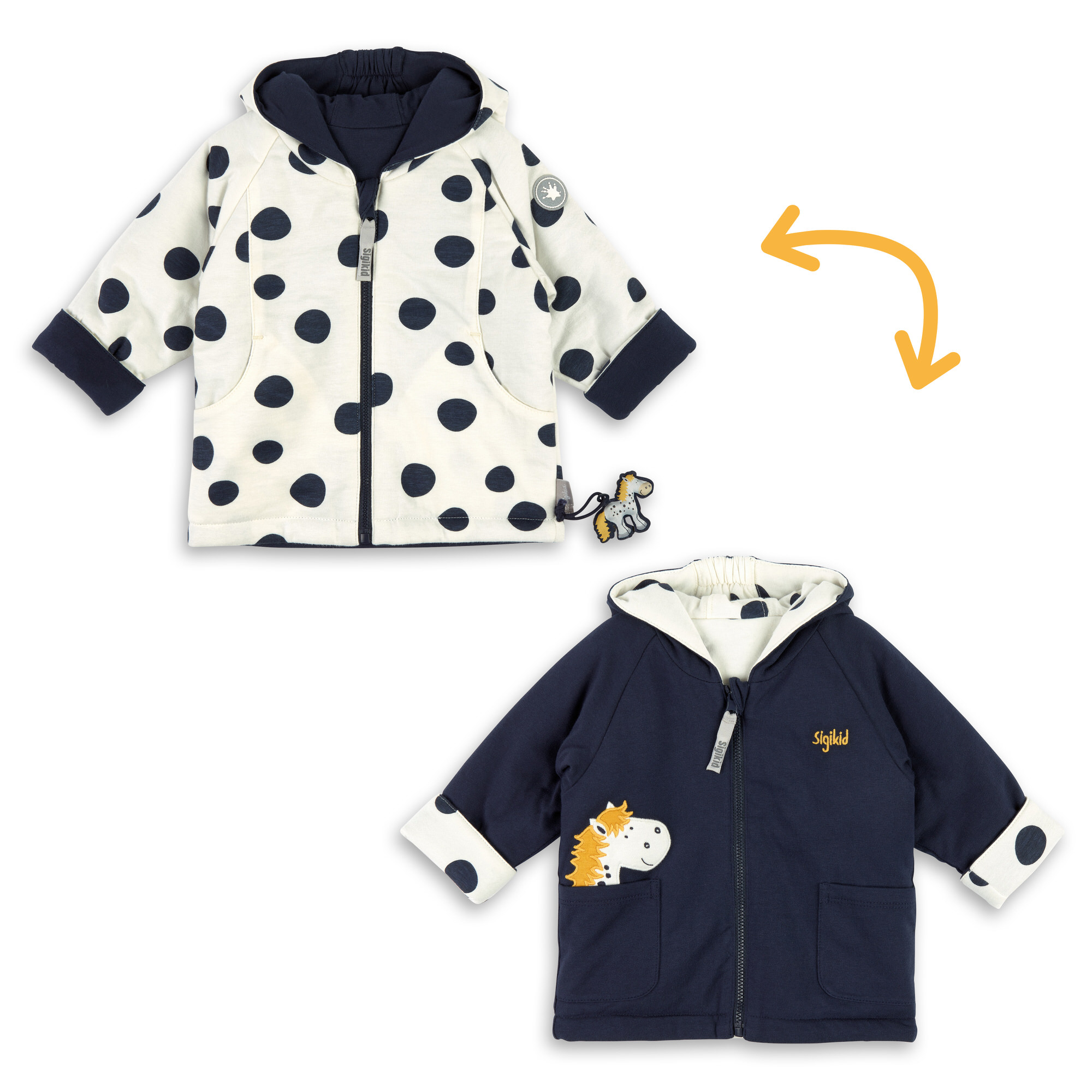 Reversible hooded baby jacket dots pony