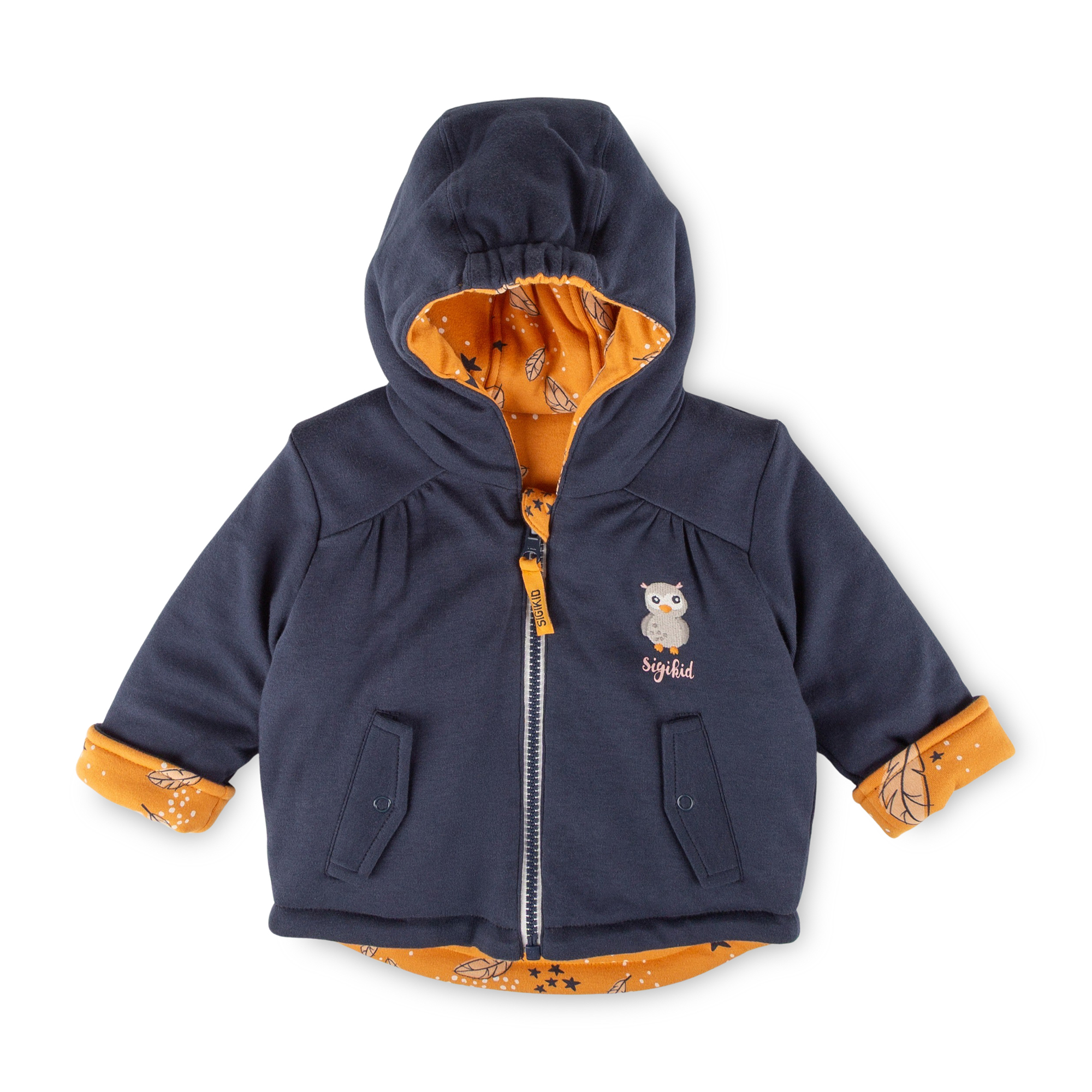 Reversible hooded baby jacket Magic Owl, interlined