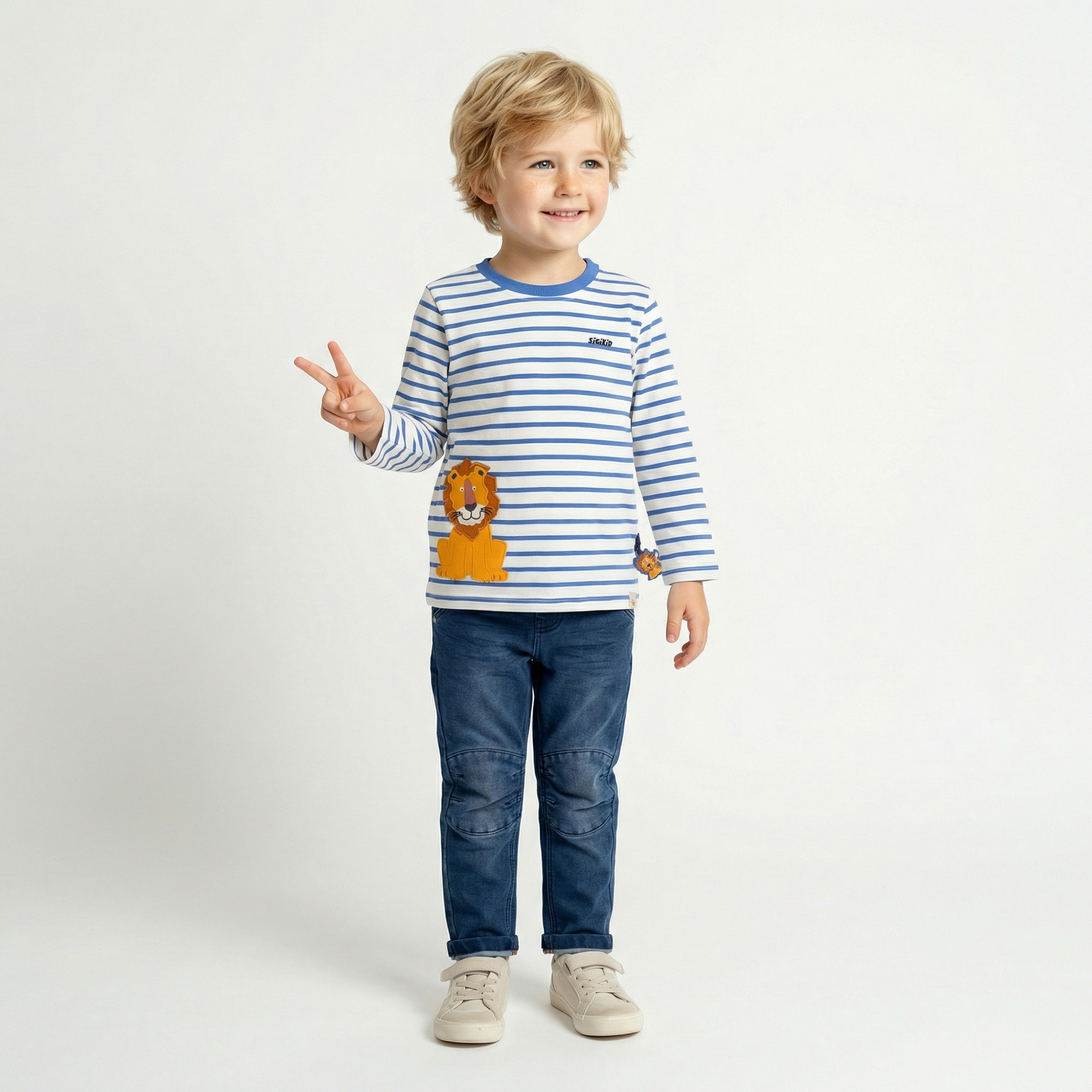 Kinder Ringel Langarmshirt Tiger & Löwe blau/weiß