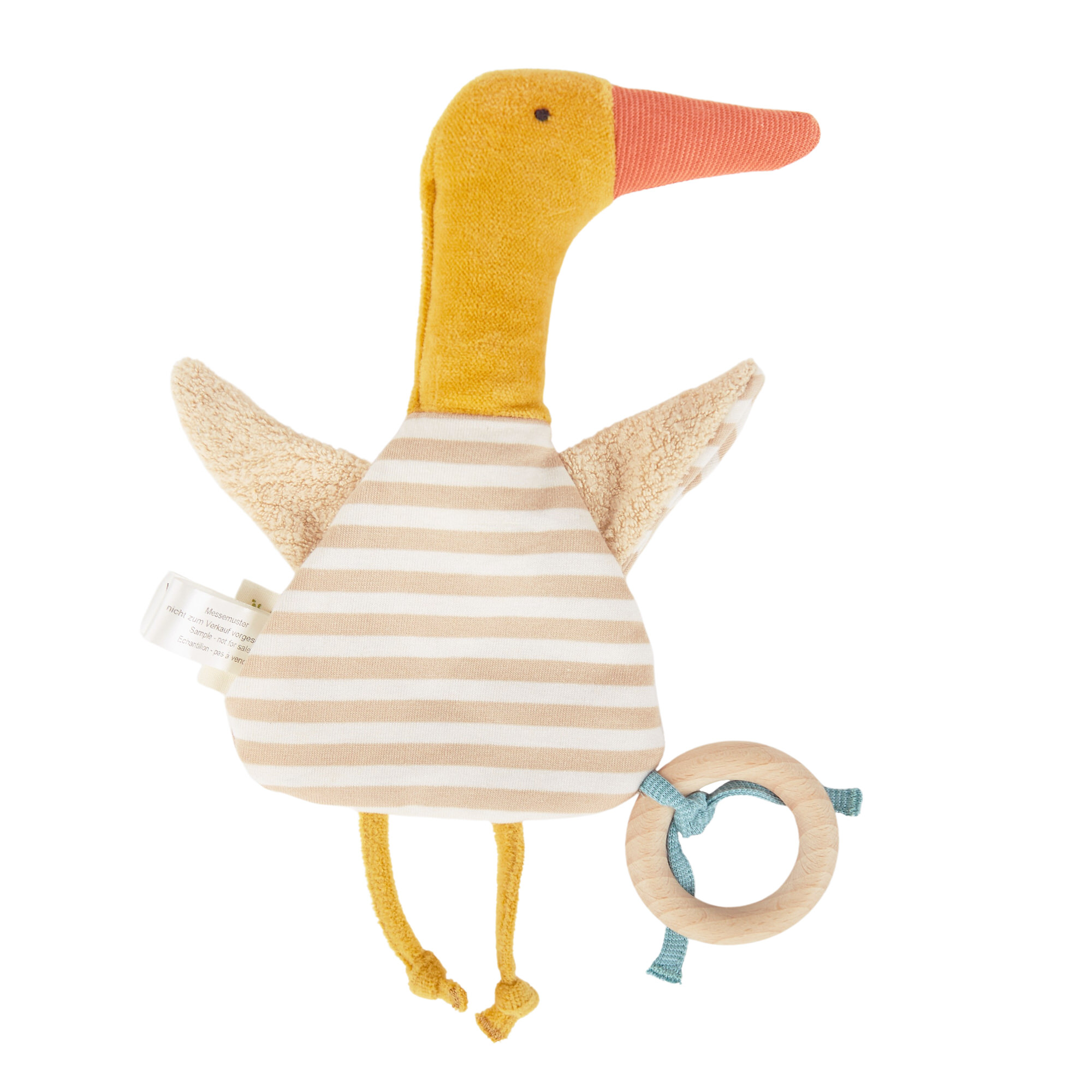 Organic soft crinkle grasp toy duck with beechwood ring