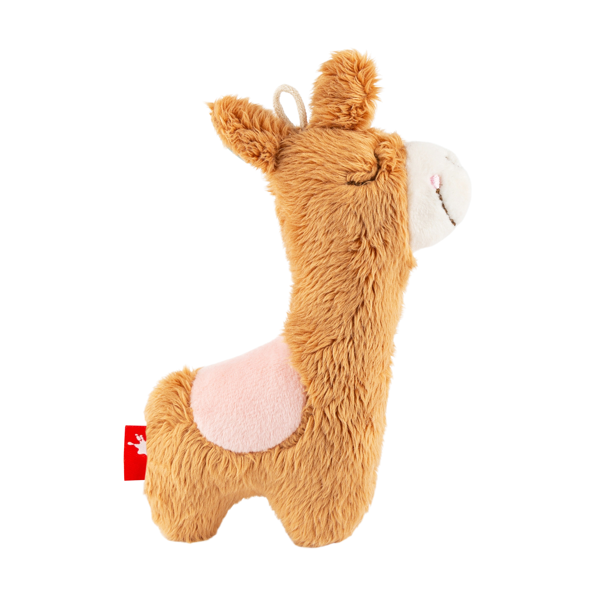 Baby grasping soft toy rattle llama
