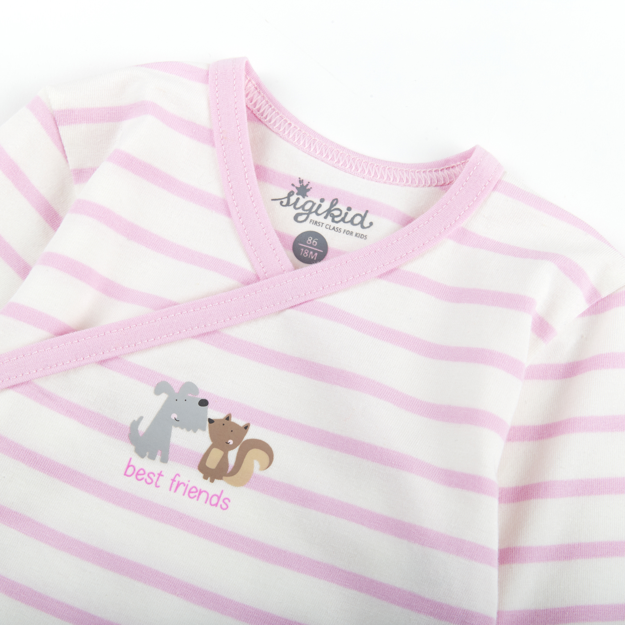 Langarm Baby Body Hund und Eichhörnchen, rosa geringelt Langarm Baby Body Hund und Eichhörnchen, rosa geringelt