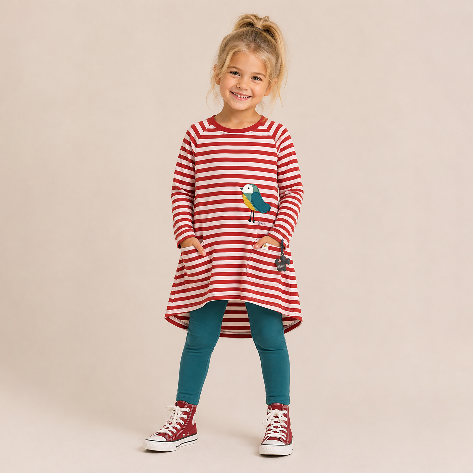 Girls' long sleeve Tee dress birdie with pockets