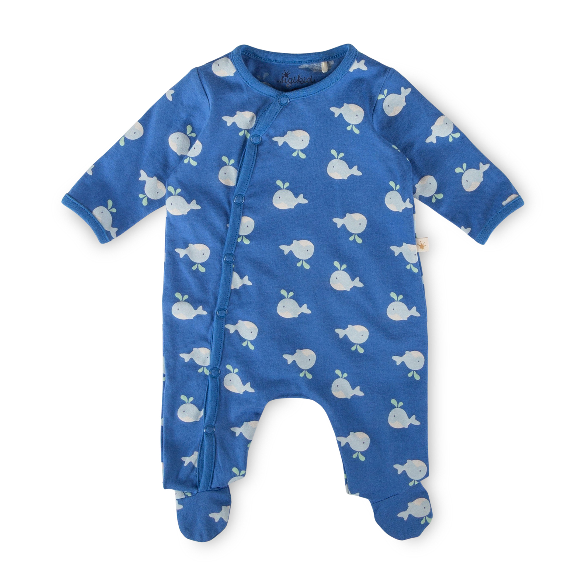 Newborn baby footed long sleeve romper whale, blue