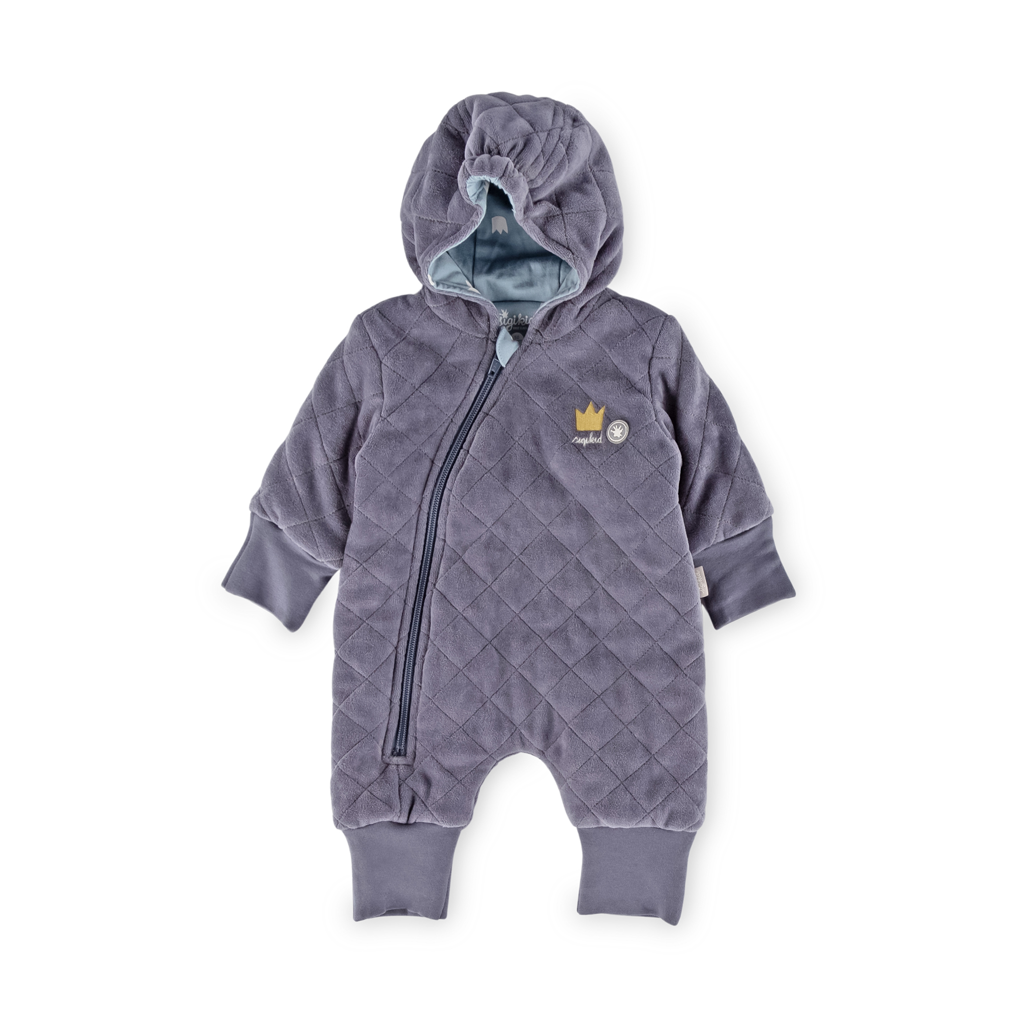 Quilted newborn baby velour overall dark grey, lined, foldable cuffs