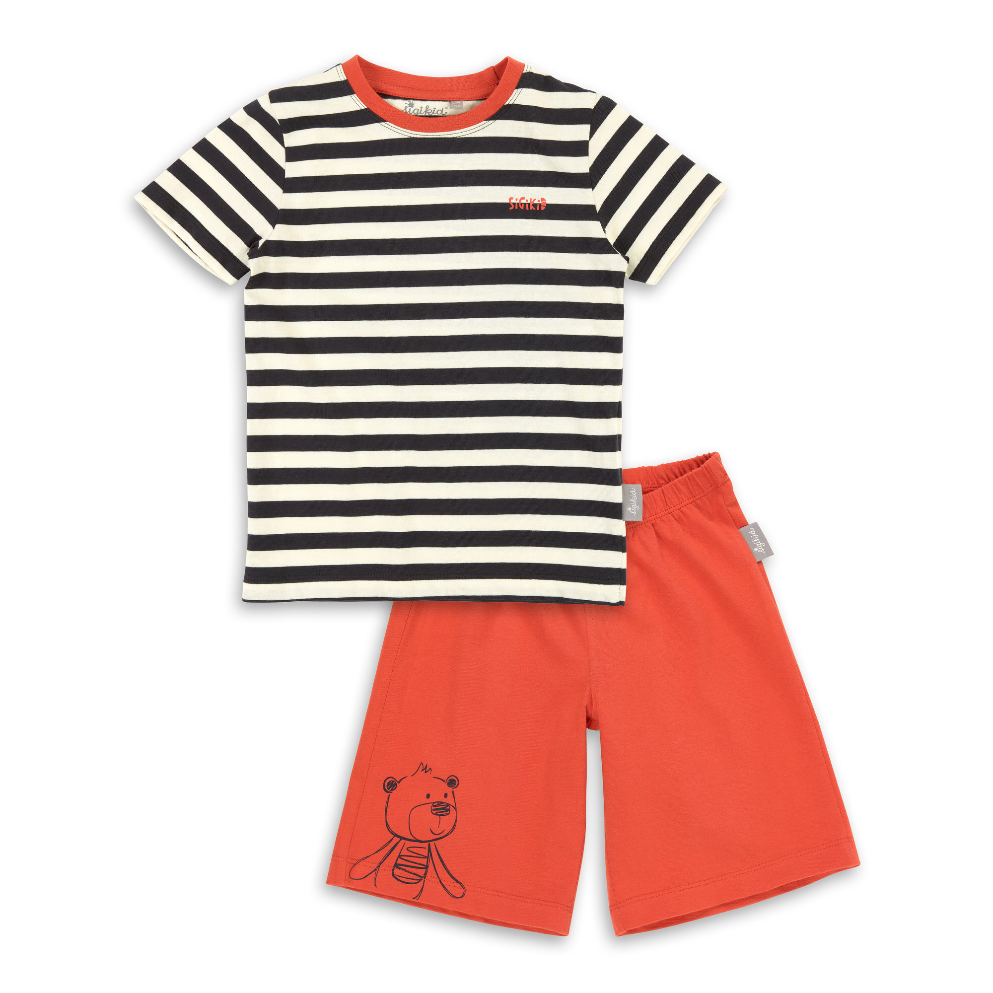 Kurzer Kinder Sommer Schlafanzug Bär, rot und schwarz-weiß geringelt