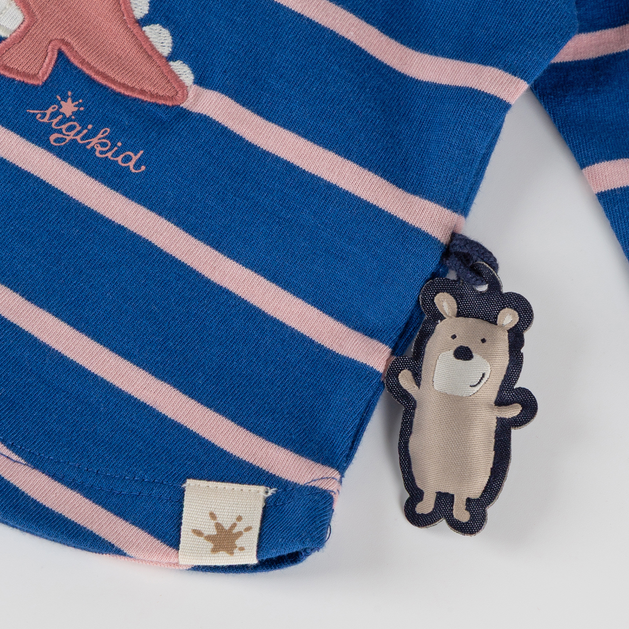 Baby Langarmshirt Dino, blau/hellrosa gestreift