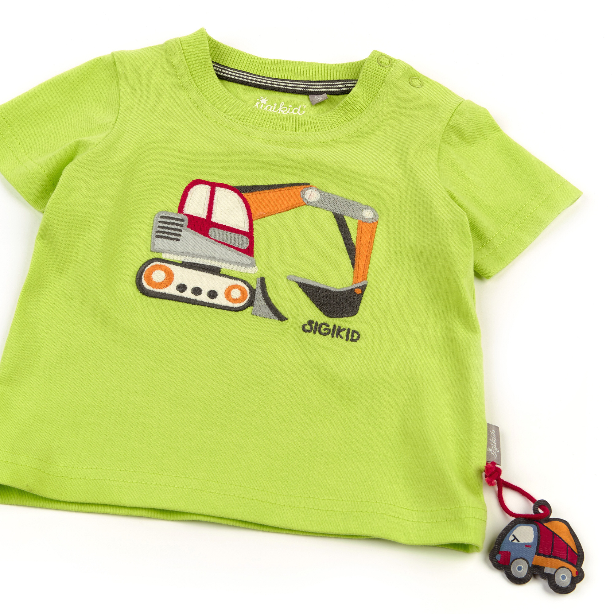 Bright green T-shirt excavator for baby and toddler boys