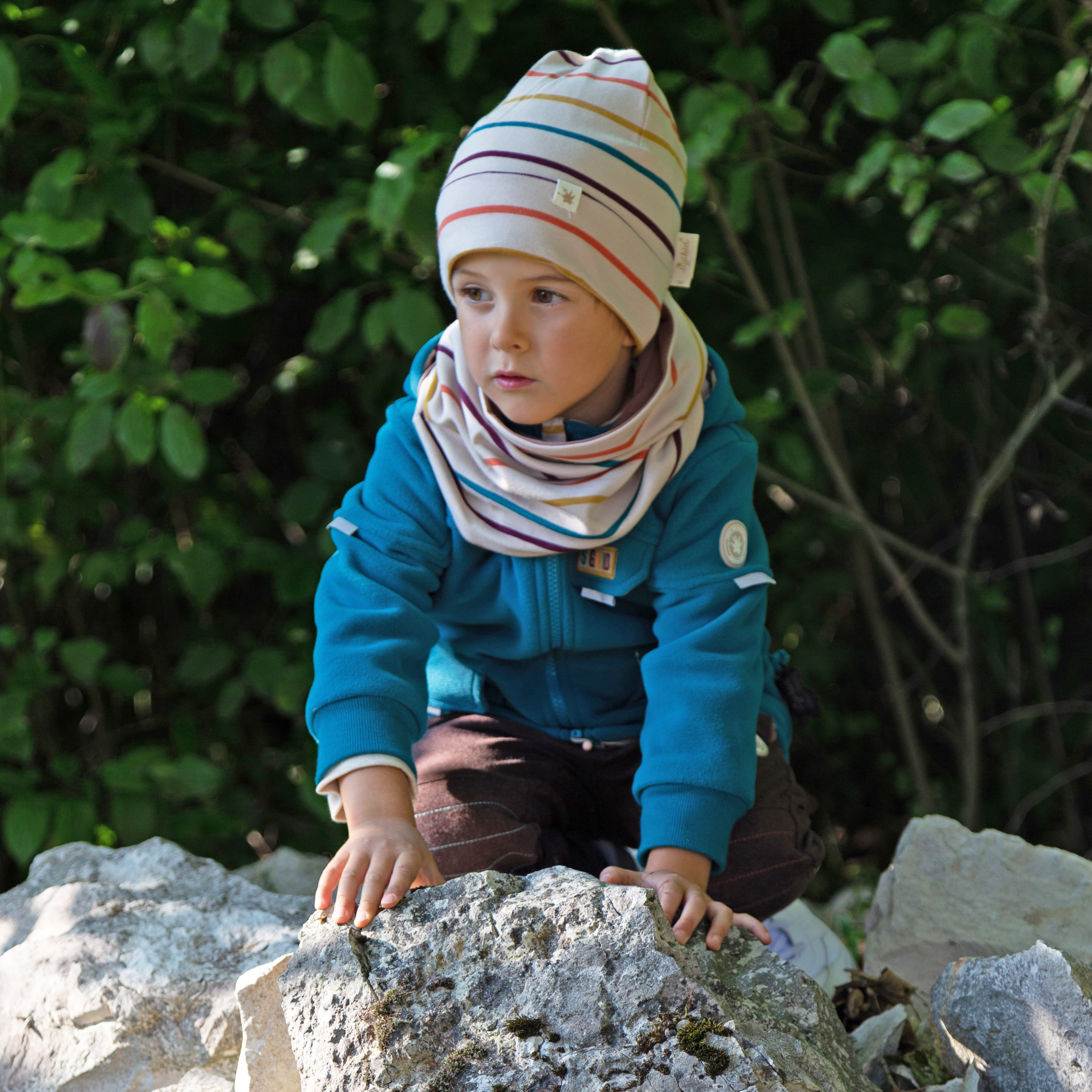 Multicoloured striped children's beanie hat, Winter Animals