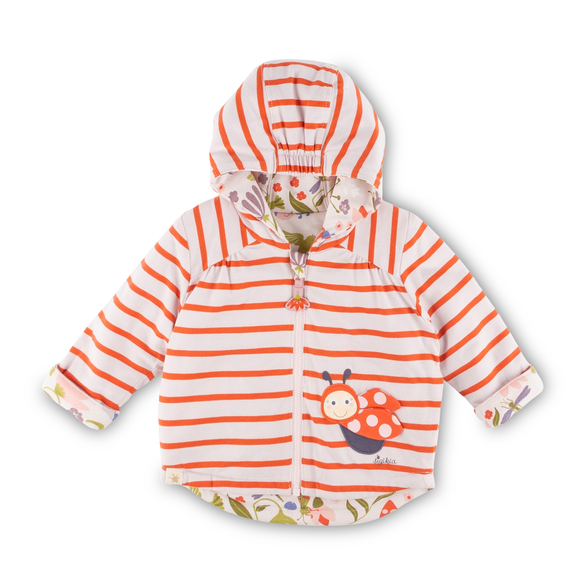 Reversible hooded baby jacket interlined, Happy Ladybug