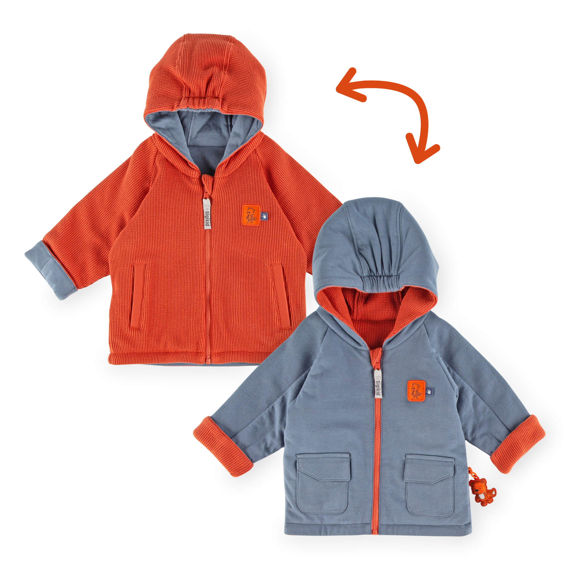 Reversible hooded baby jacket tiger, smokey blue/orange