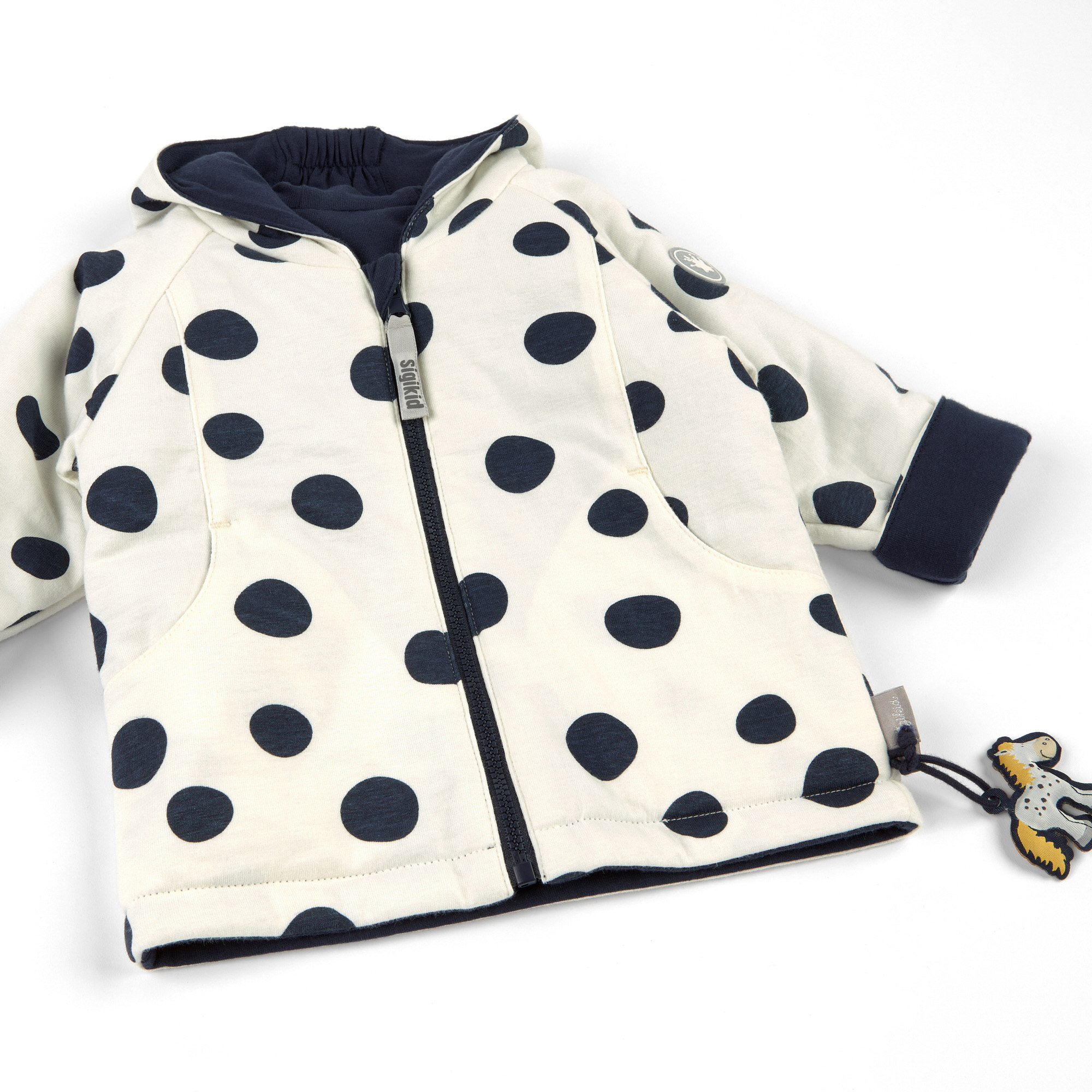 Reversible hooded baby jacket dots pony