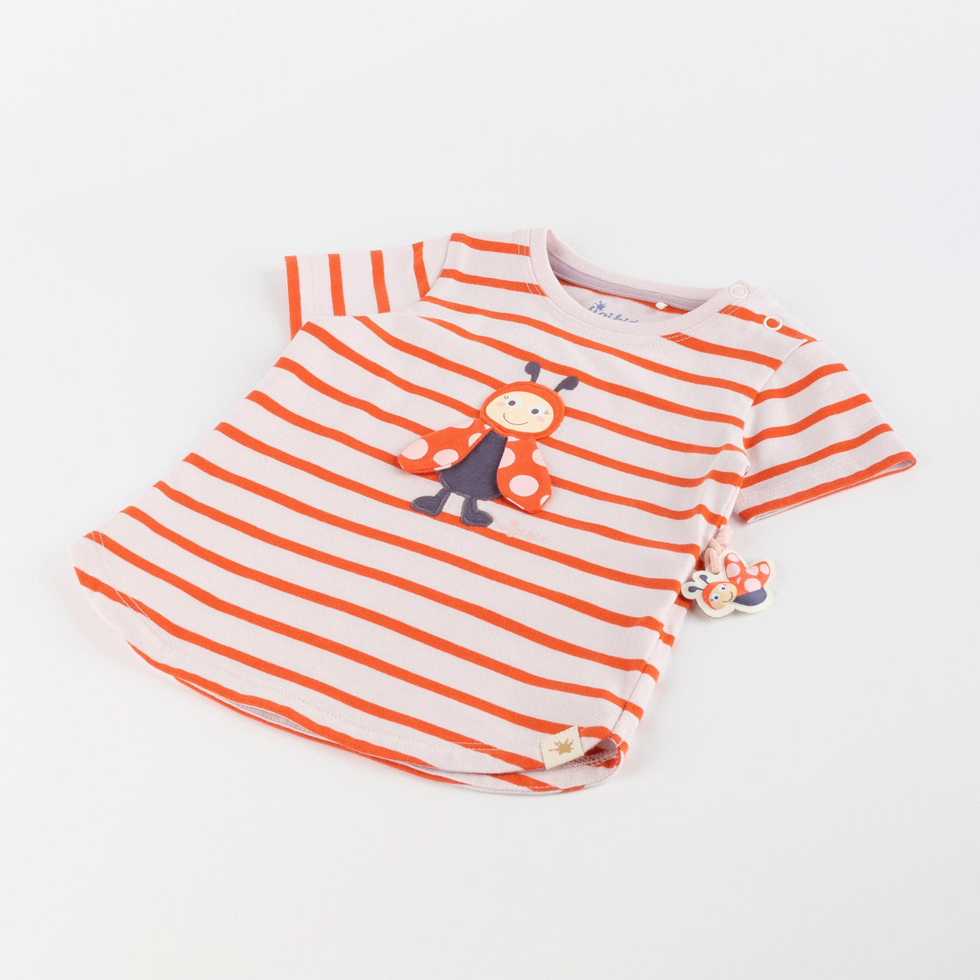 Striped baby T-shirt, cut longer, Happy Ladybug