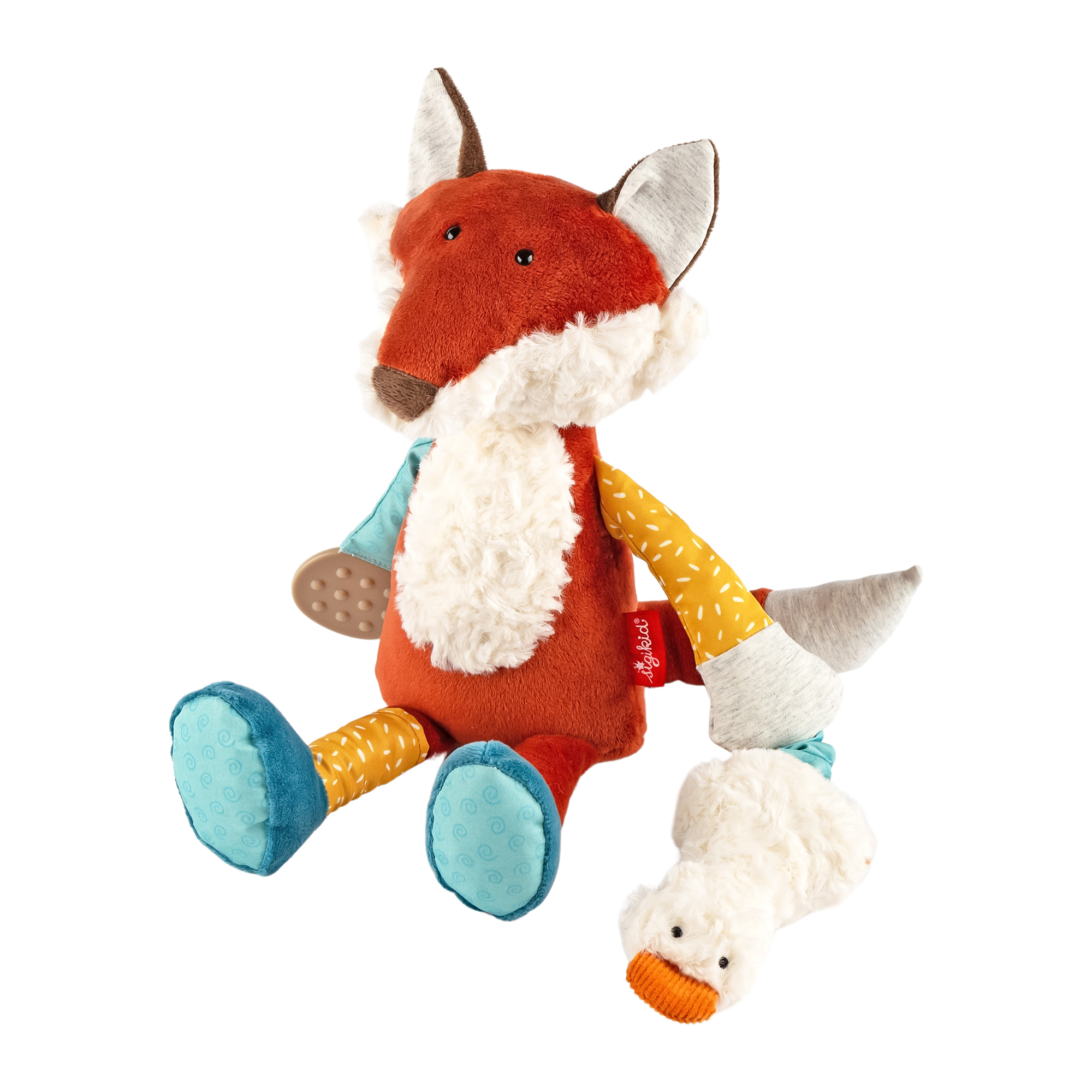 Activity rattle squeaker soft toy fox with retractable goose