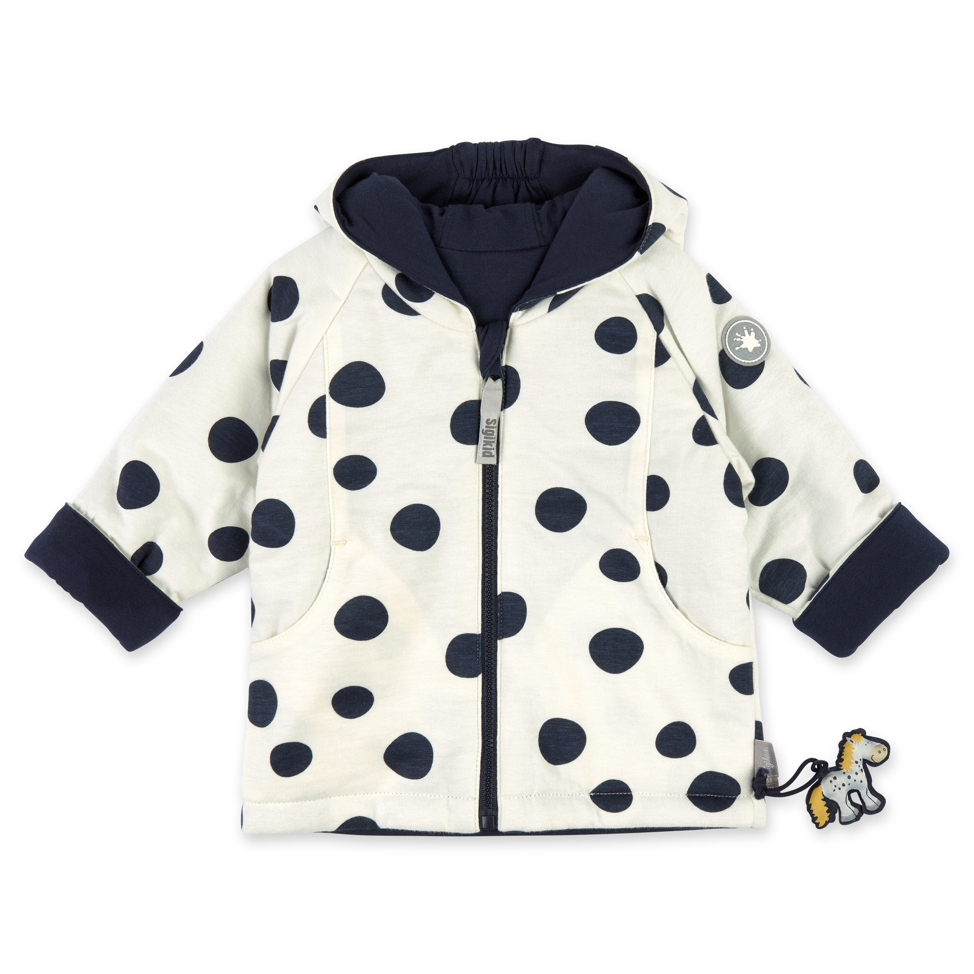 Reversible hooded baby jacket dots pony