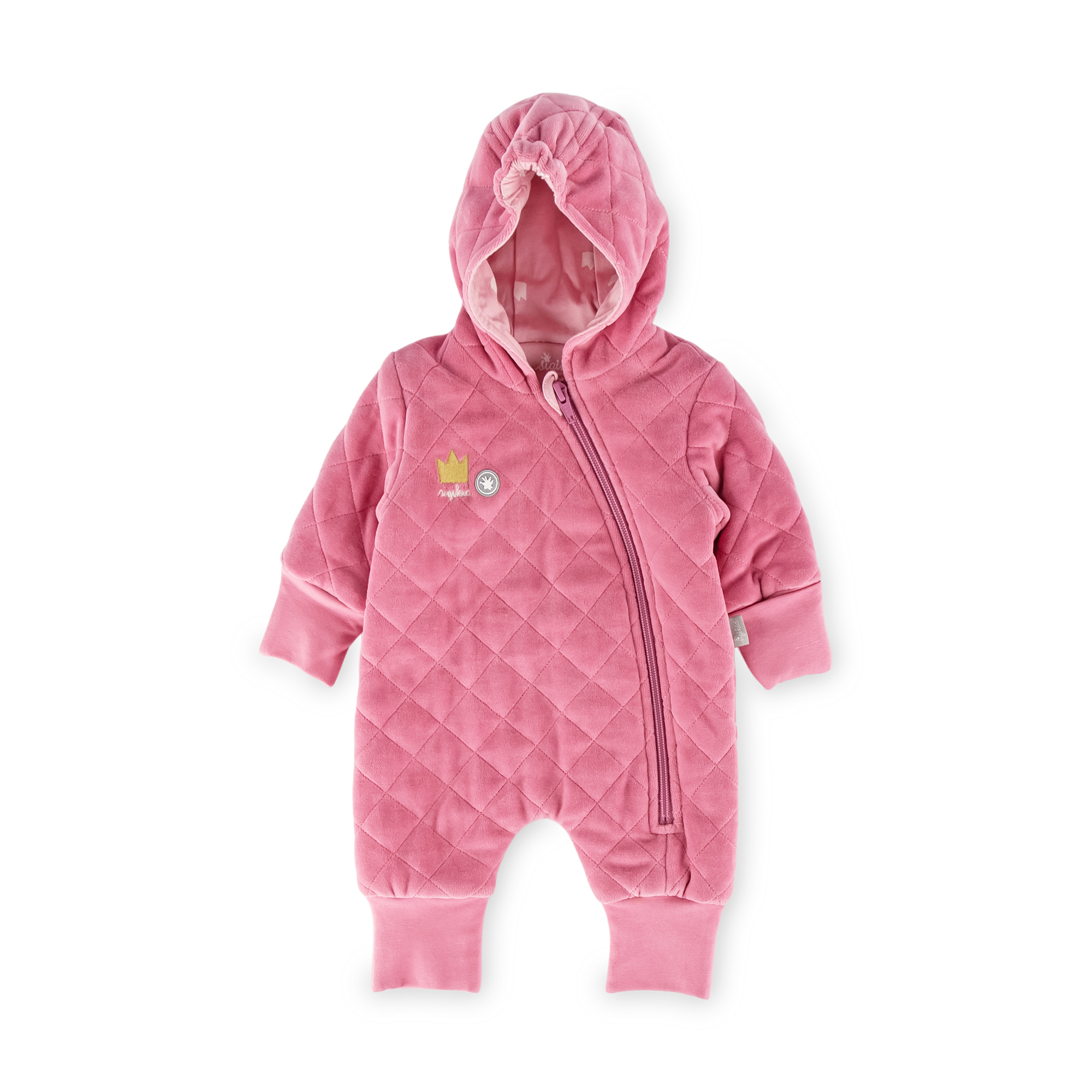 Quilted newborn baby velour overall pink, lined, foldable cuffs