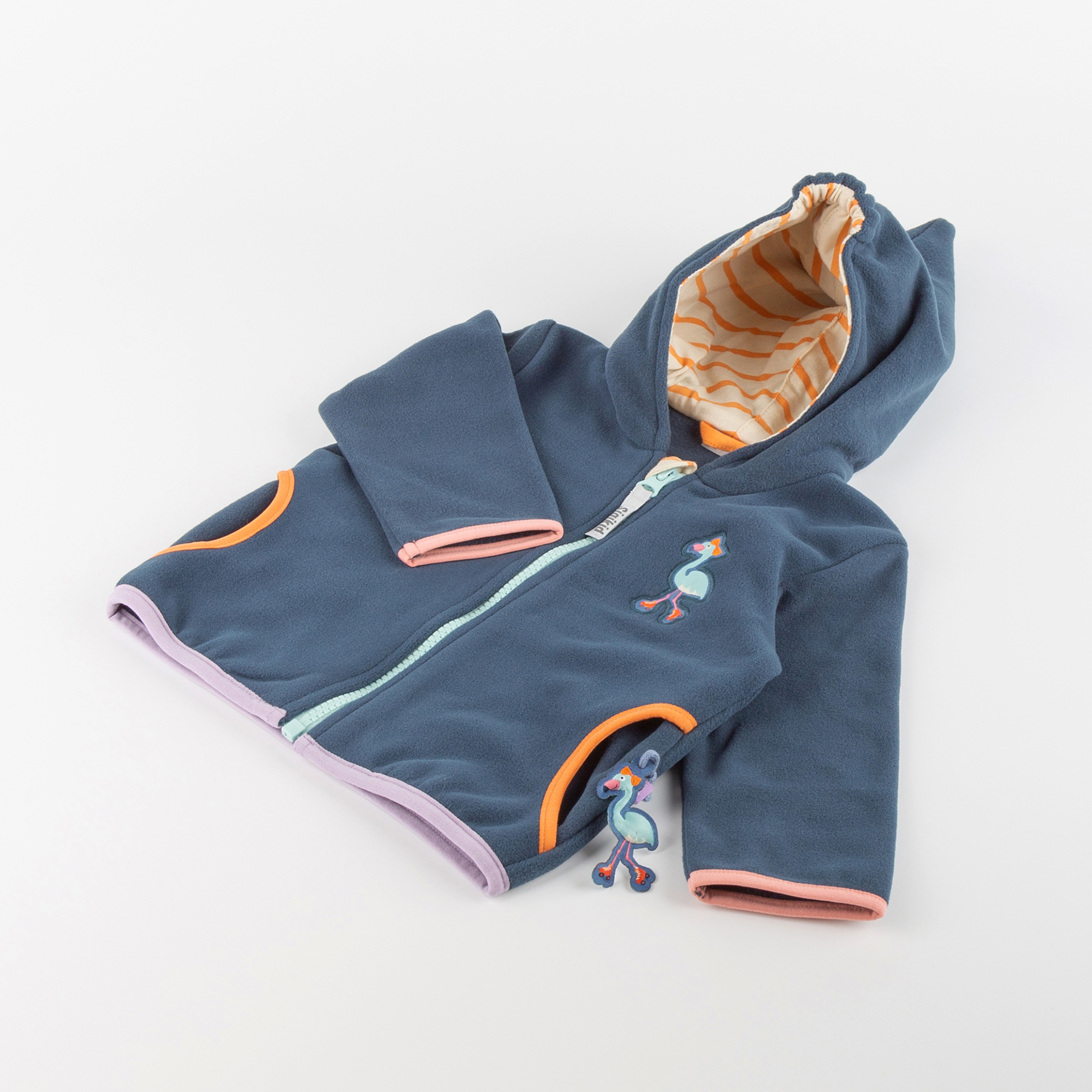 Pixie hood baby fleece jacket flamingo, dark blue