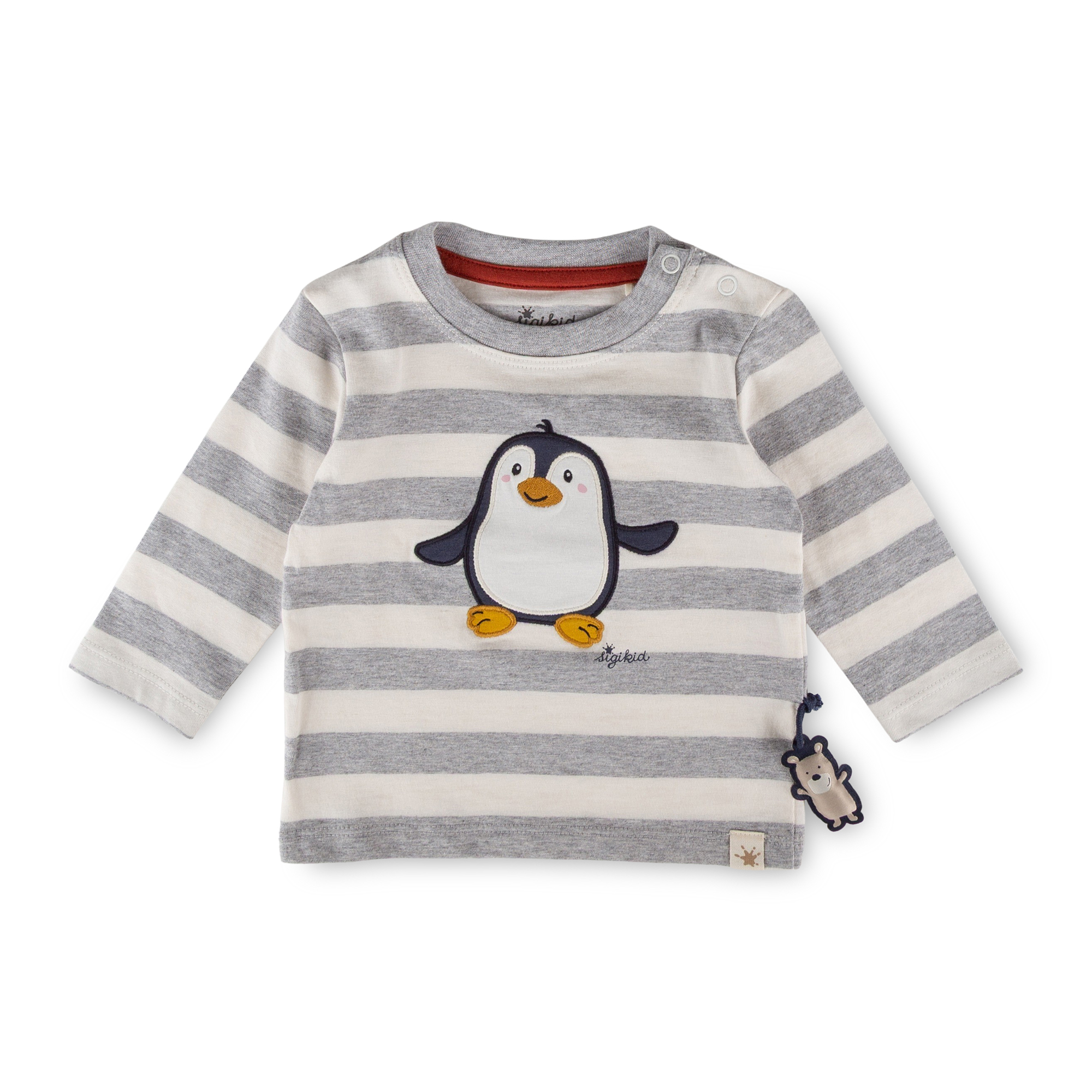 Gestreiftes Baby Langarmshirt Pinguin weiß/hellgrau