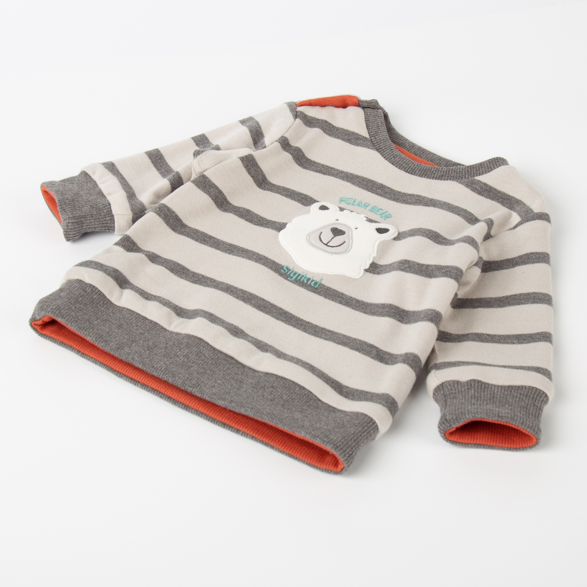Reversible baby sweater polar bear, grey striped/orange