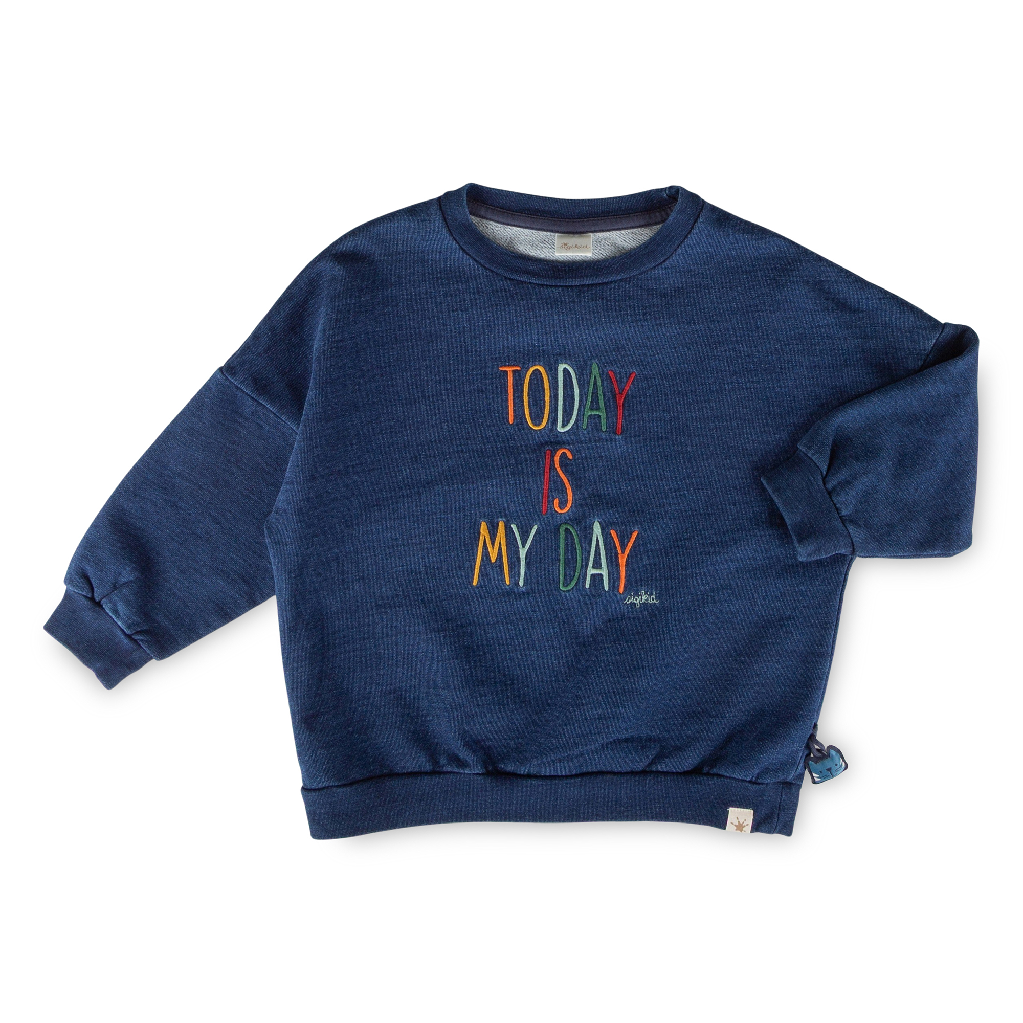 Kinder Oversized Sweatshirt denim Optik bunt bestickt, dunkelblau