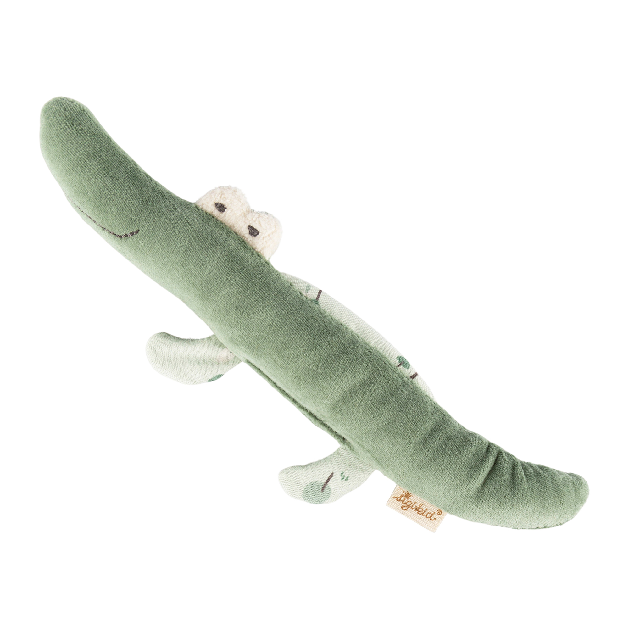 Baby grasping soft toy rattle crocodile, sigibaby