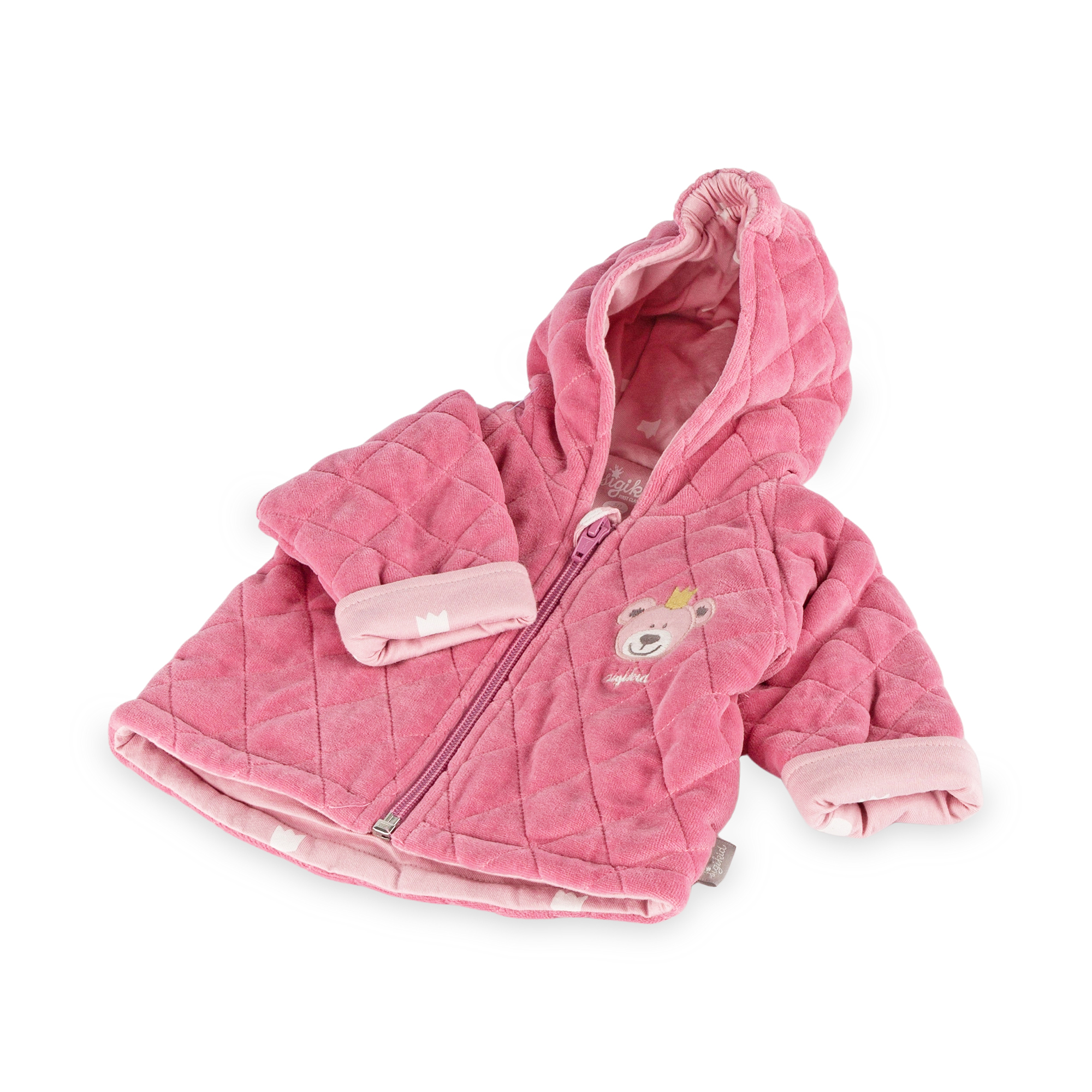 Newborn baby hooded velour jacket bear prince, pink, quilted