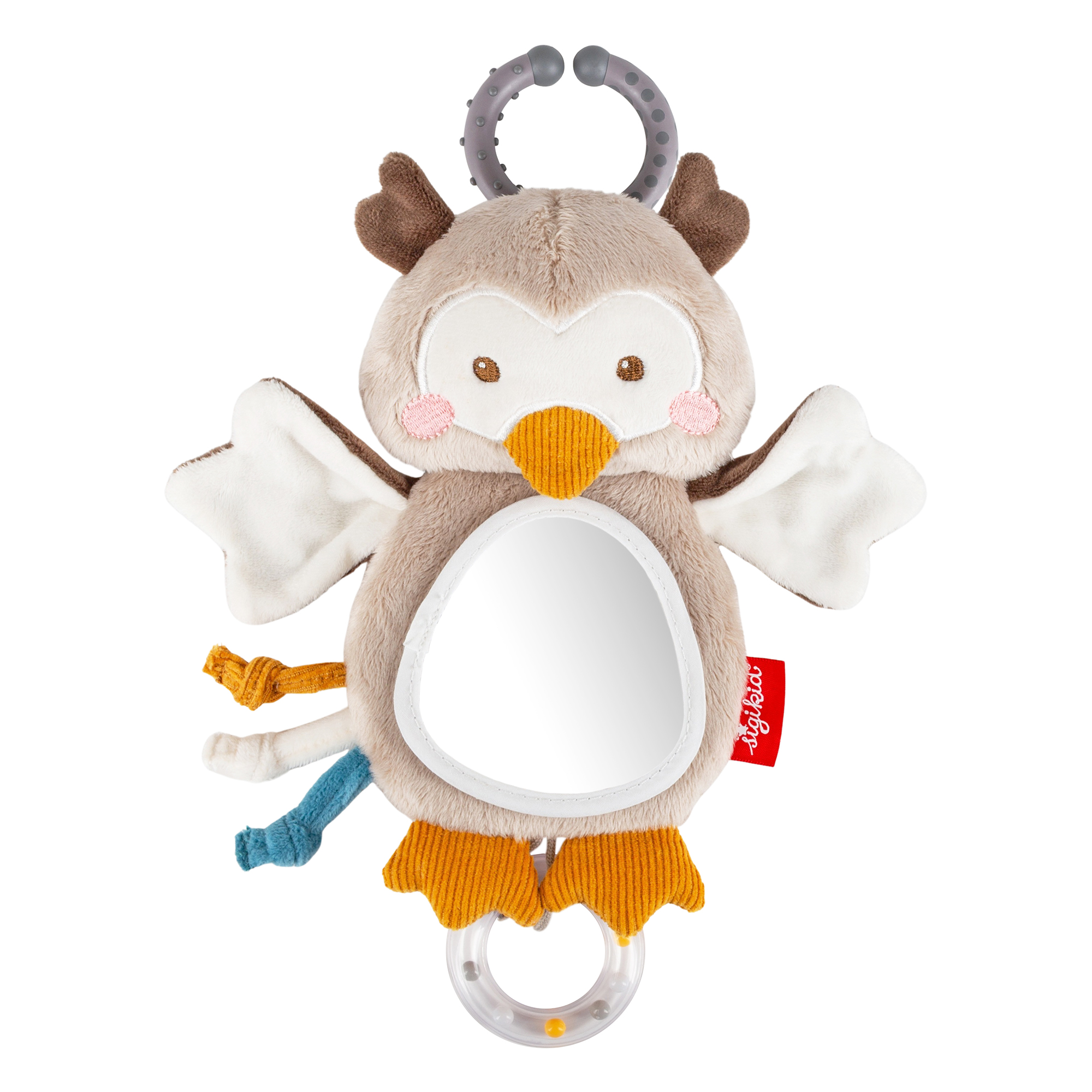 Hanging baby rattle rustle soft toy owl with foil mirror