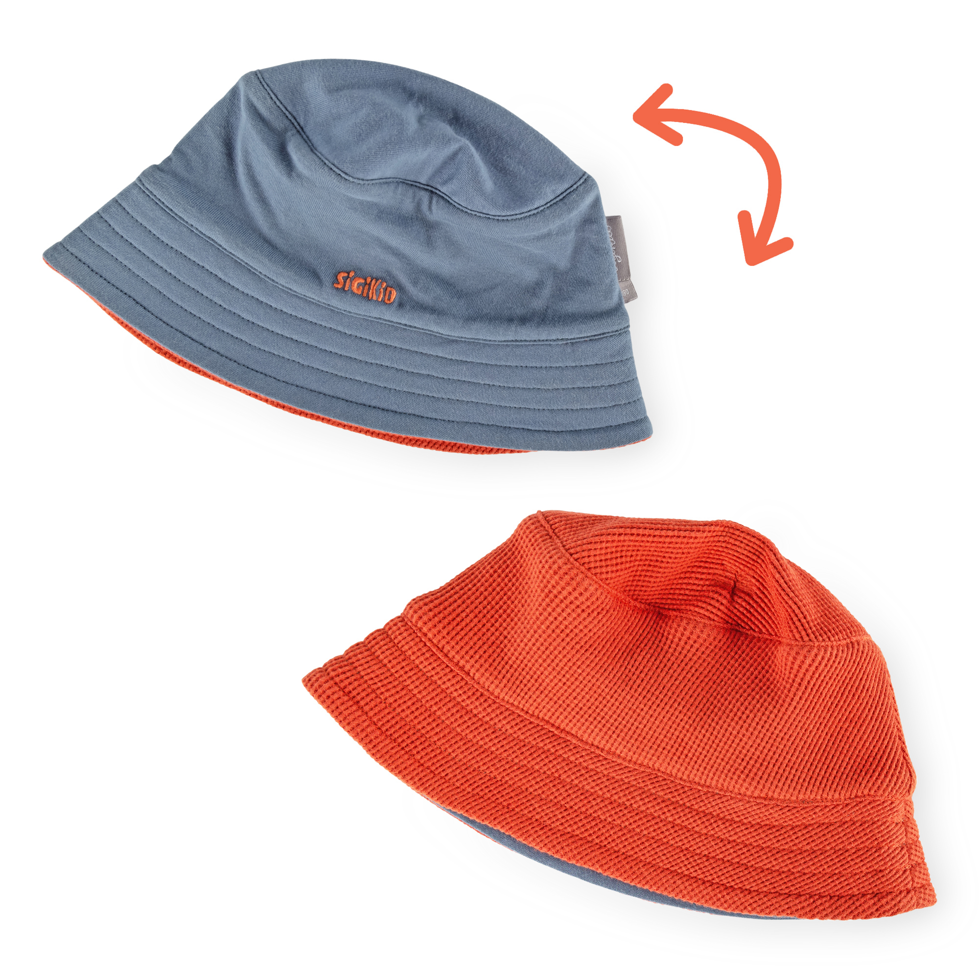 Reversible brimmed children's hat, orange/blue