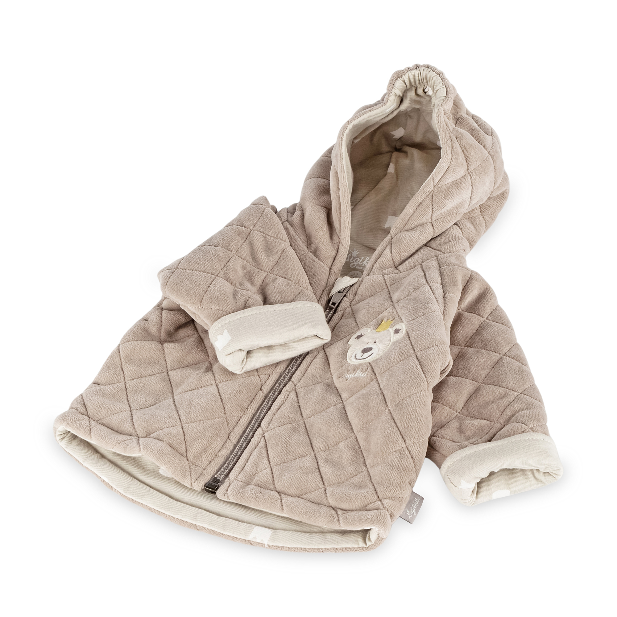 Newborn baby hooded velour jacket bear prince, quilted, beige