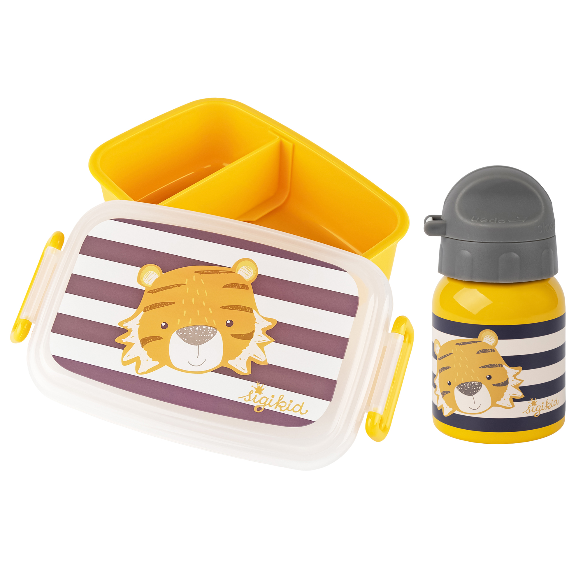 Kinder Set 250 ml Edelstahl-Trinkflasche und Brotbox, Tiger Kinder Set 250 ml Edelstahl-Trinkflasche und Brotbox, Tiger