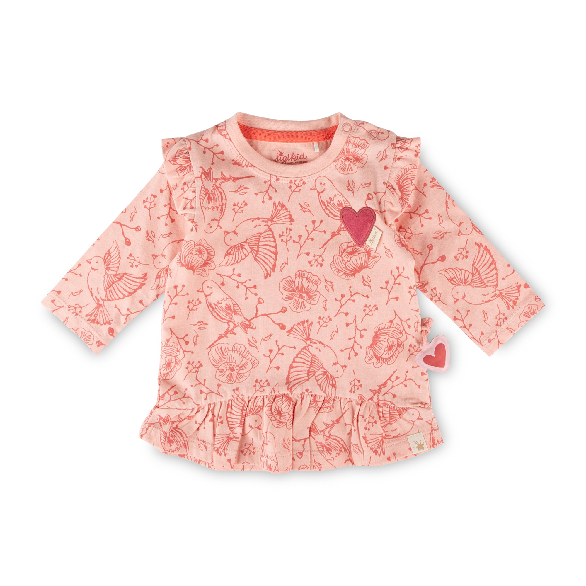 Baby Volant Longshirt mit Vögelschen Print und Herzchen Motiv, rosa