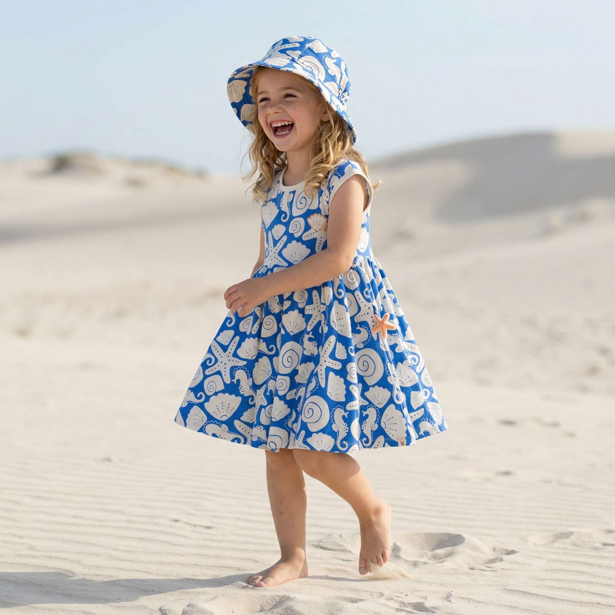 Kinder Kleid Strand, blau mit weiß