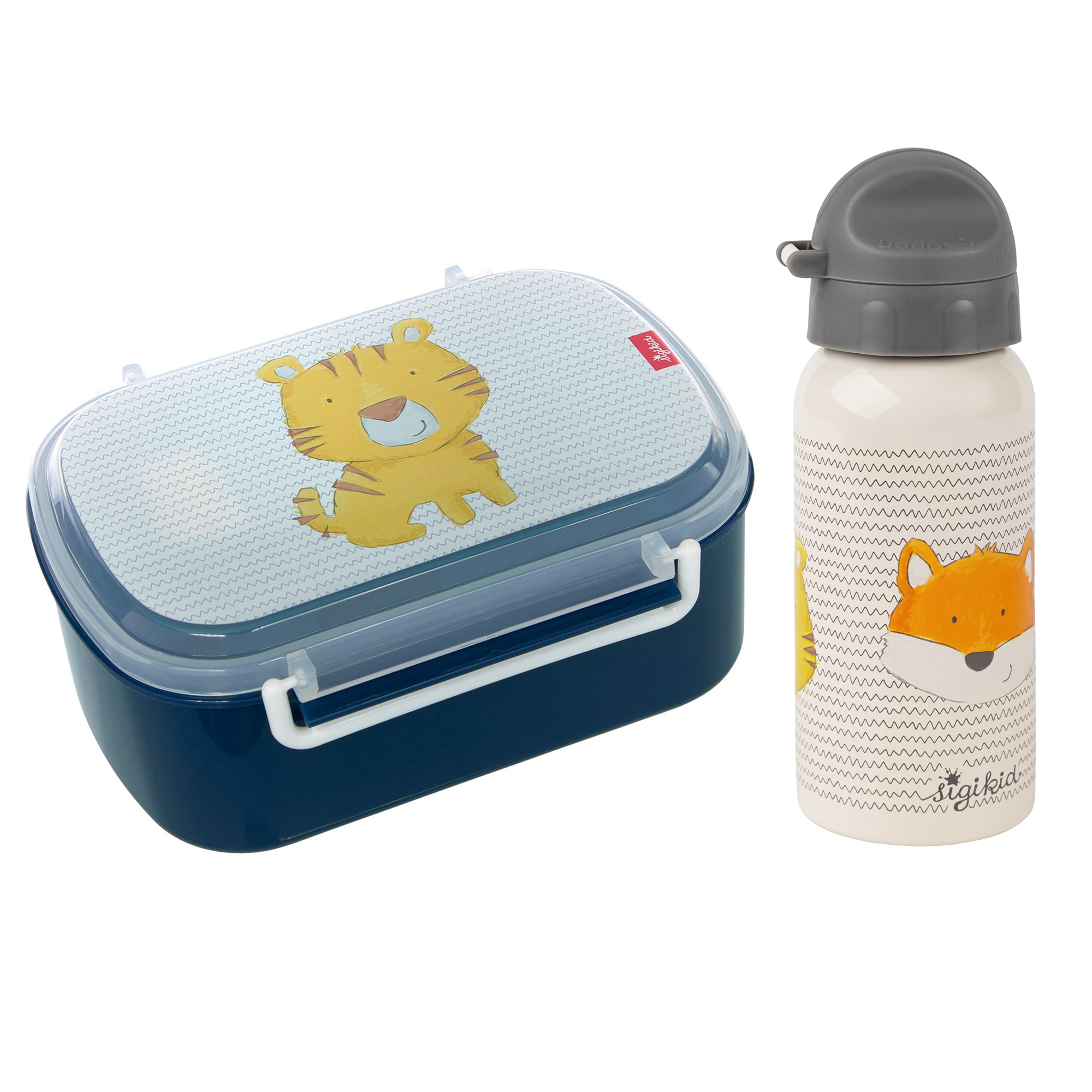 Kinder Set 400 ml Edelstahl-Trinkflasche und Brotbox Tiger, blau Kinder Set 400 ml Edelstahl-Trinkflasche und Brotbox Tiger, blau