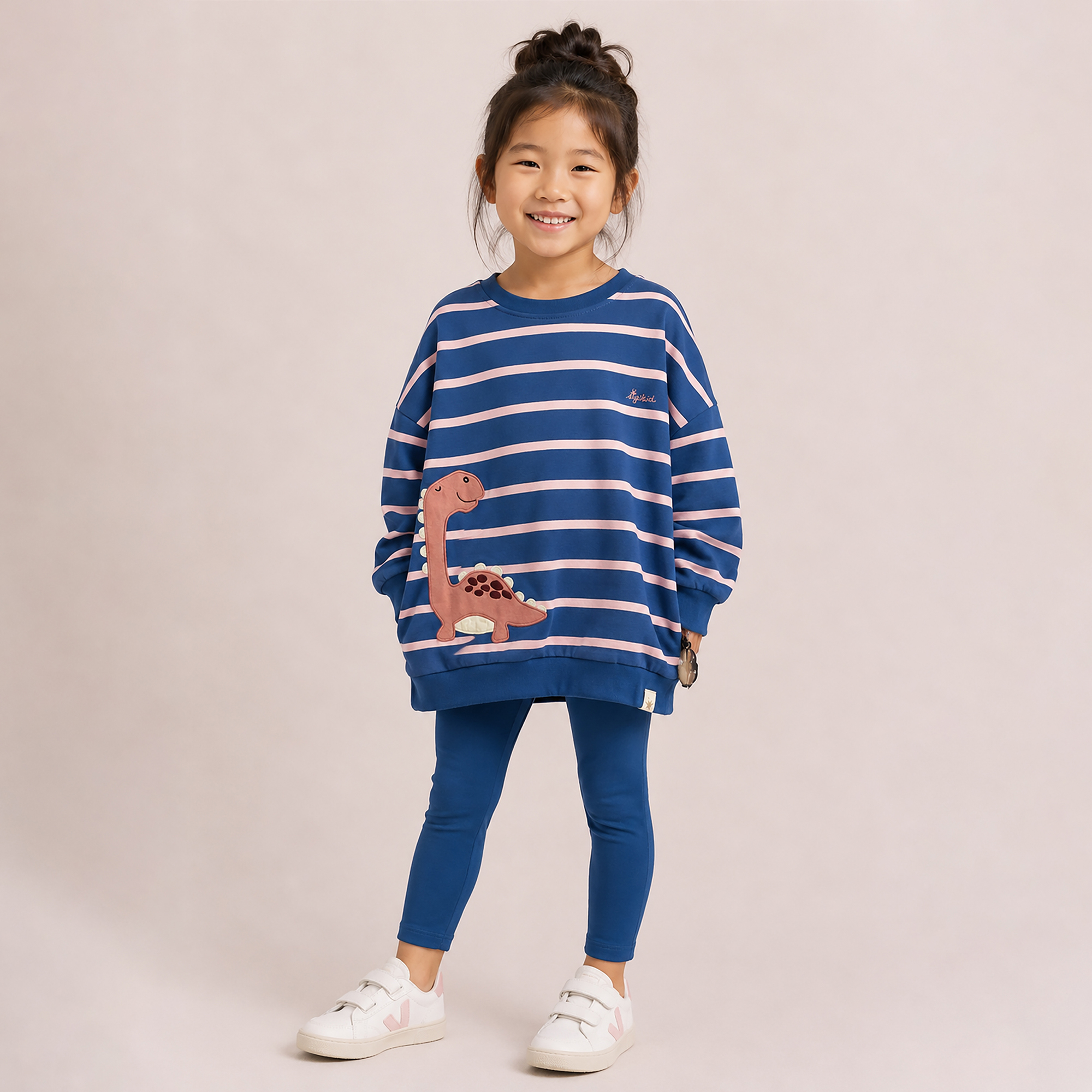Kinder Langarmshirt Dino, blau/hellrosa gestreift