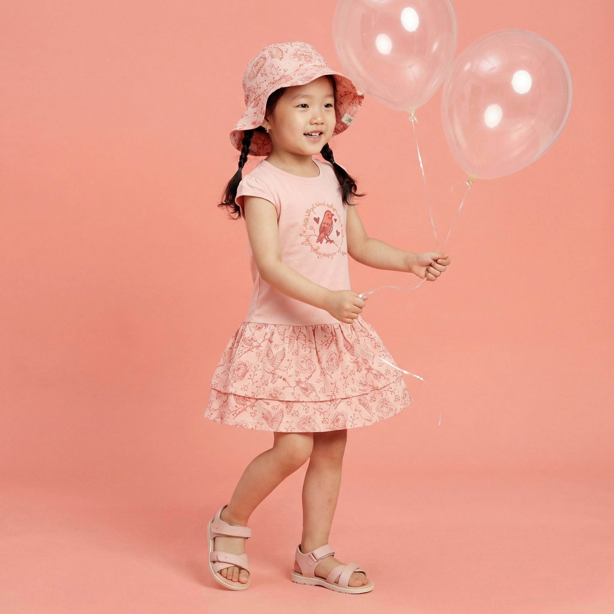 Children's drop waist flounce dress Spring Birds