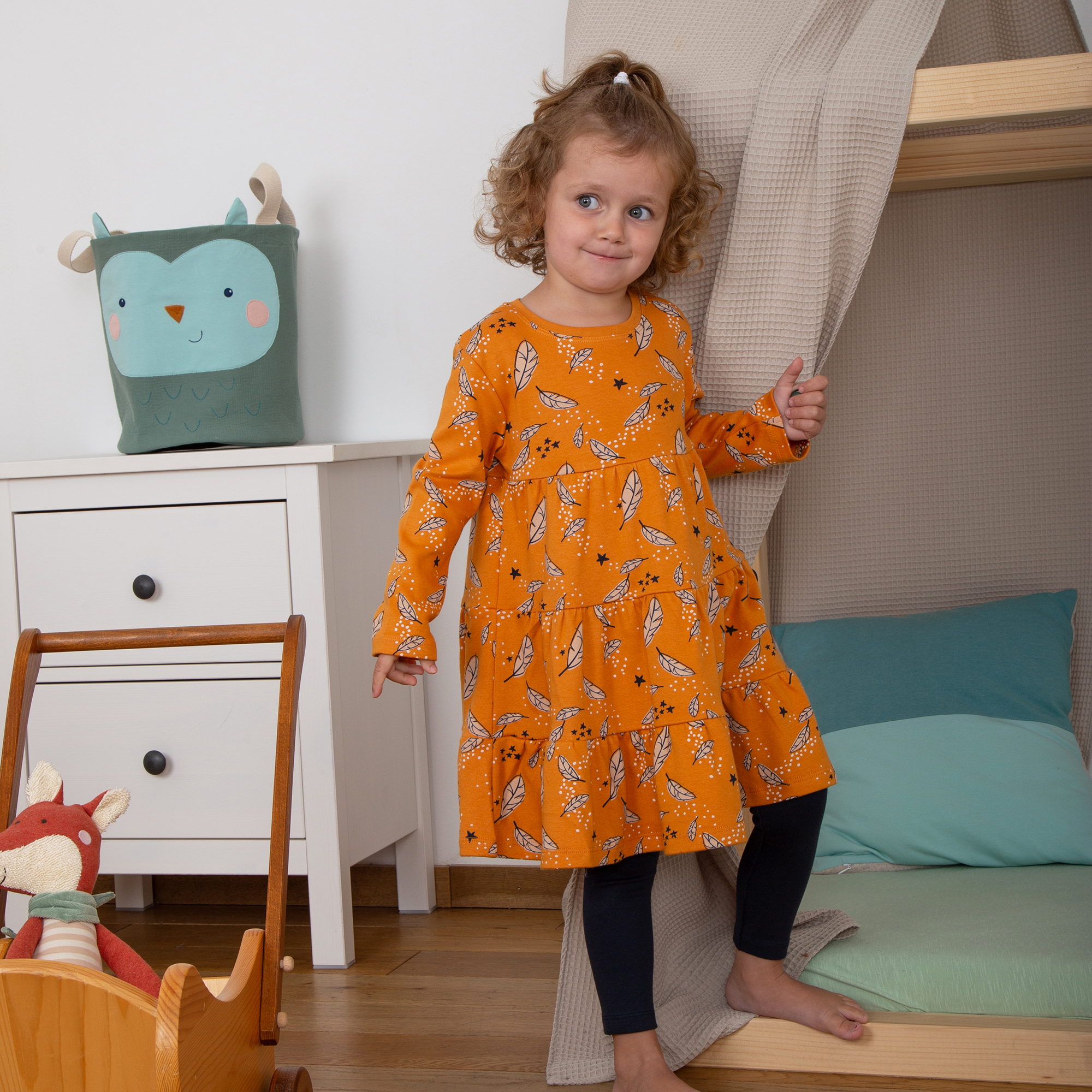 Tiered long sleeve dress Magic Owl, feather print