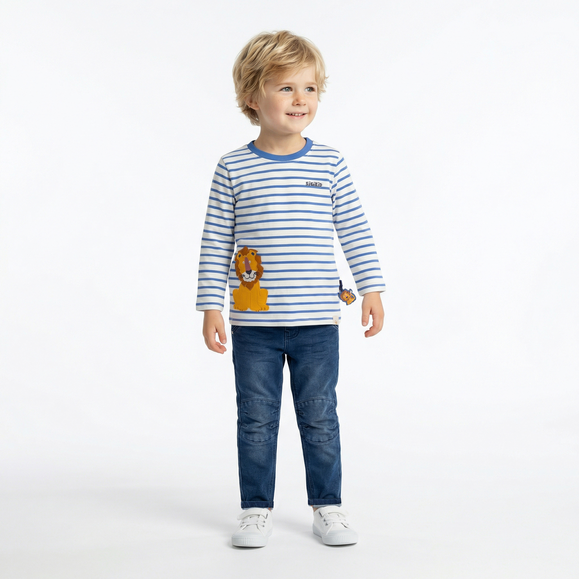 Kinder Ringel Langarmshirt Tiger & Löwe blau/weiß