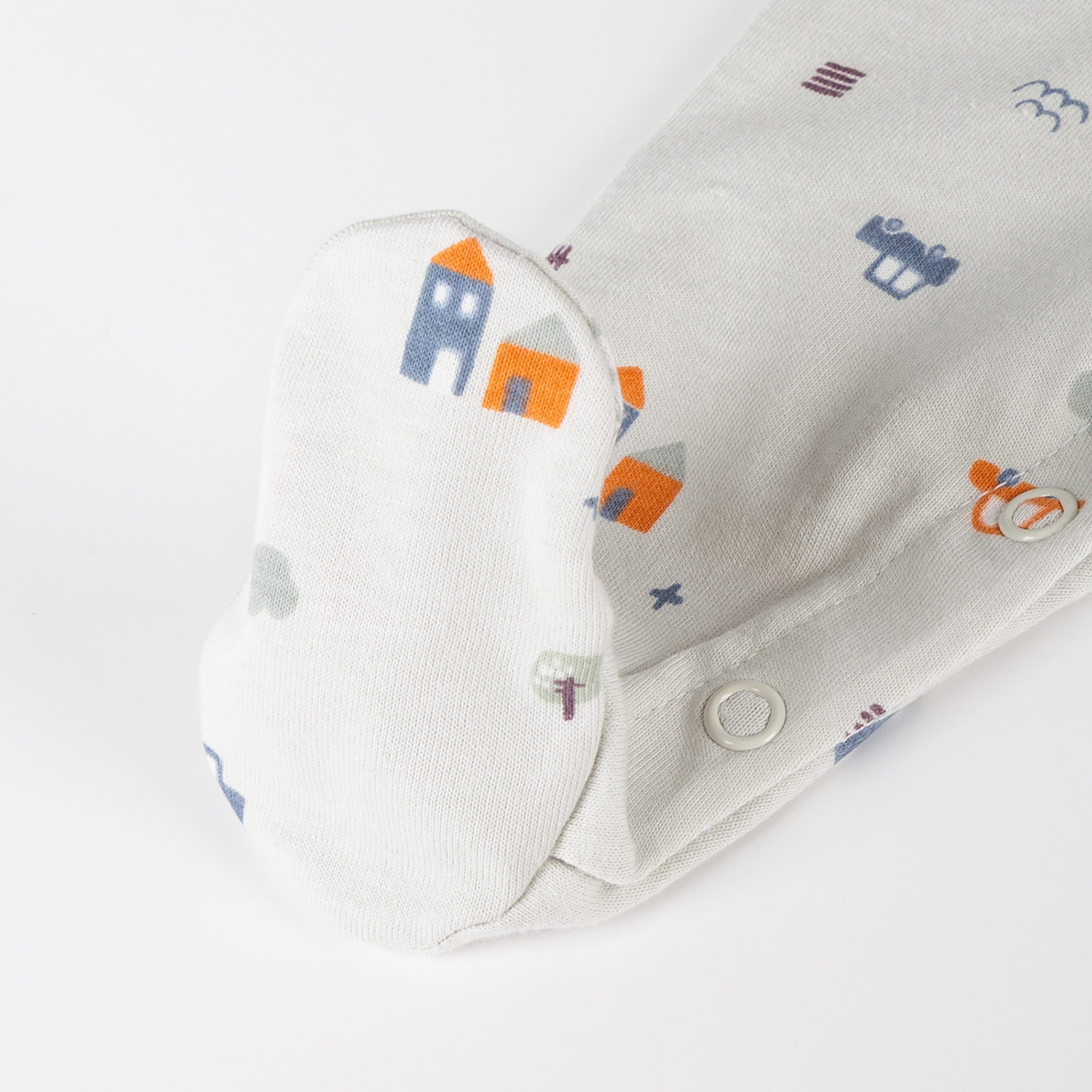 Newborn baby footed romper, foldover mittens