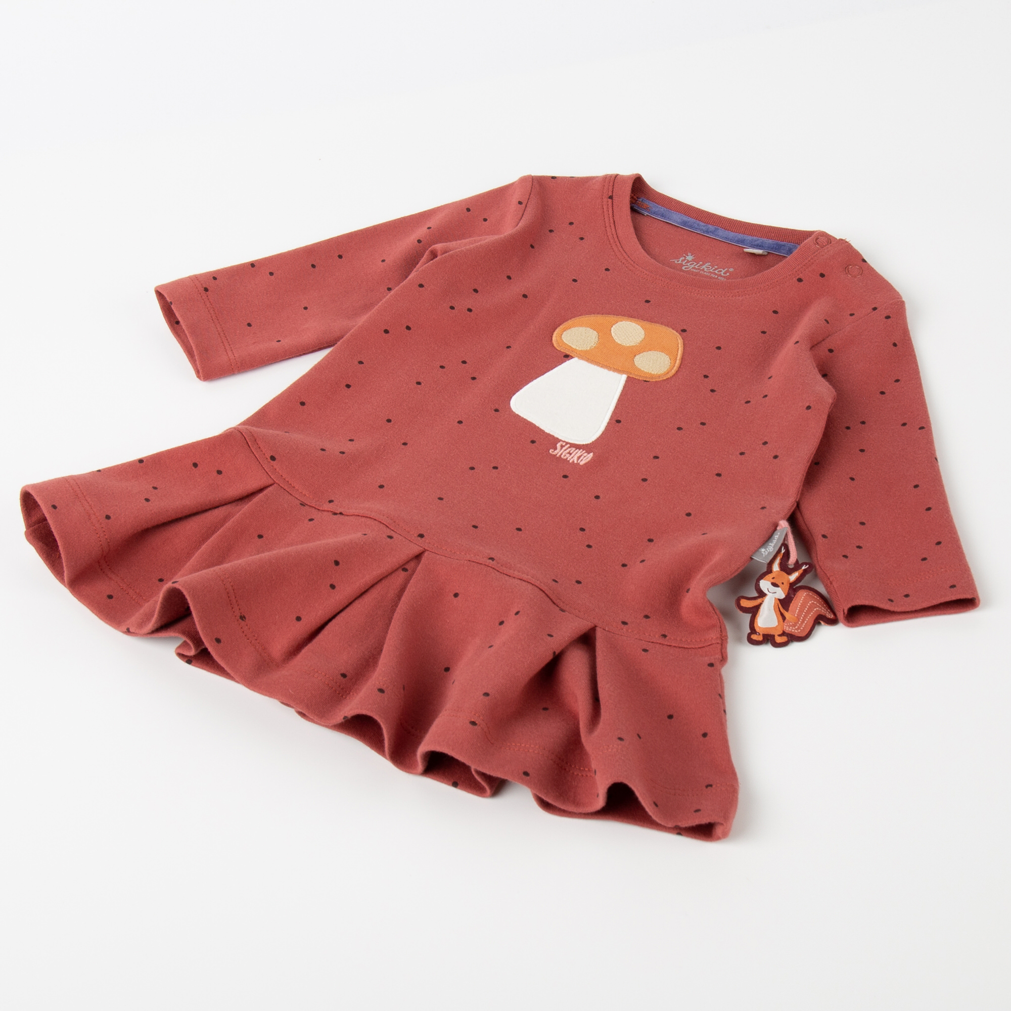 Baby Kleid rotbraun mit Pünktchen und Herbst Motiv