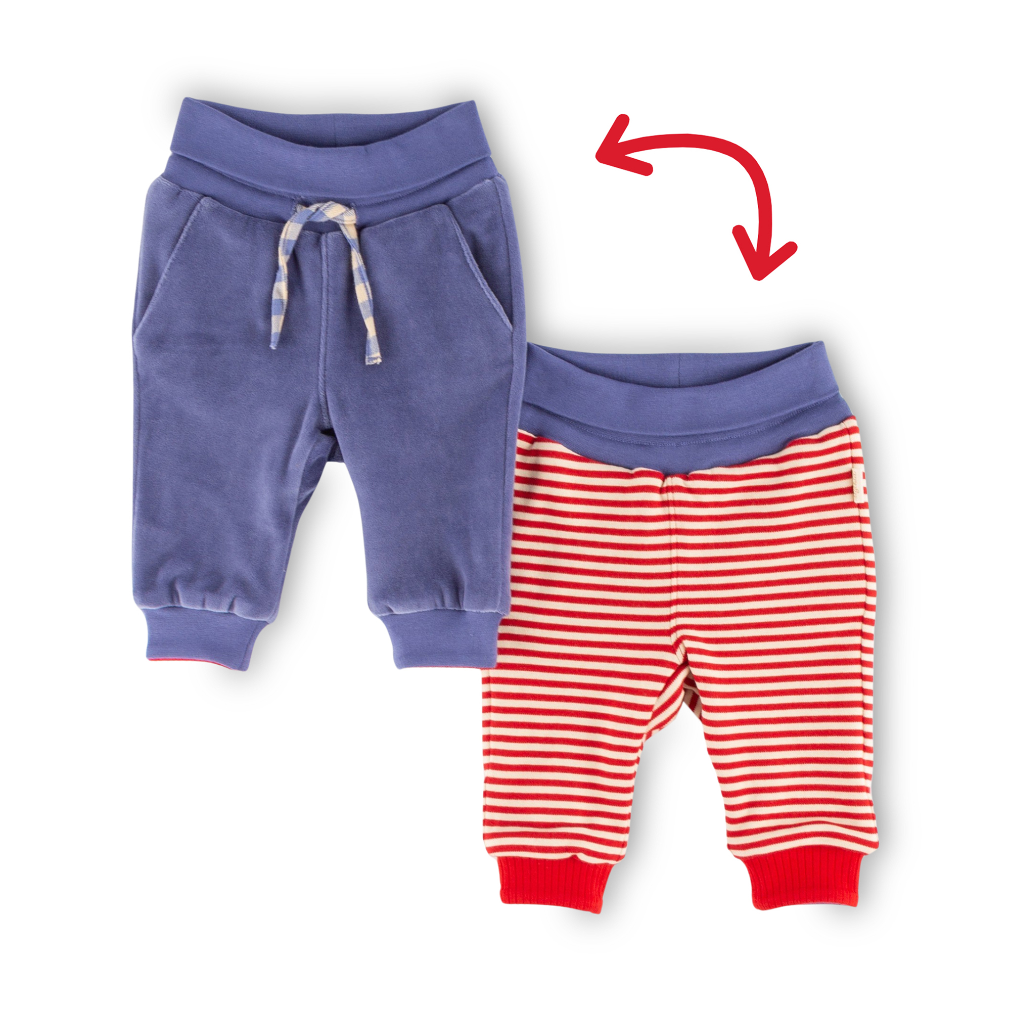 Reversible baby soft pants red striped/violet blue