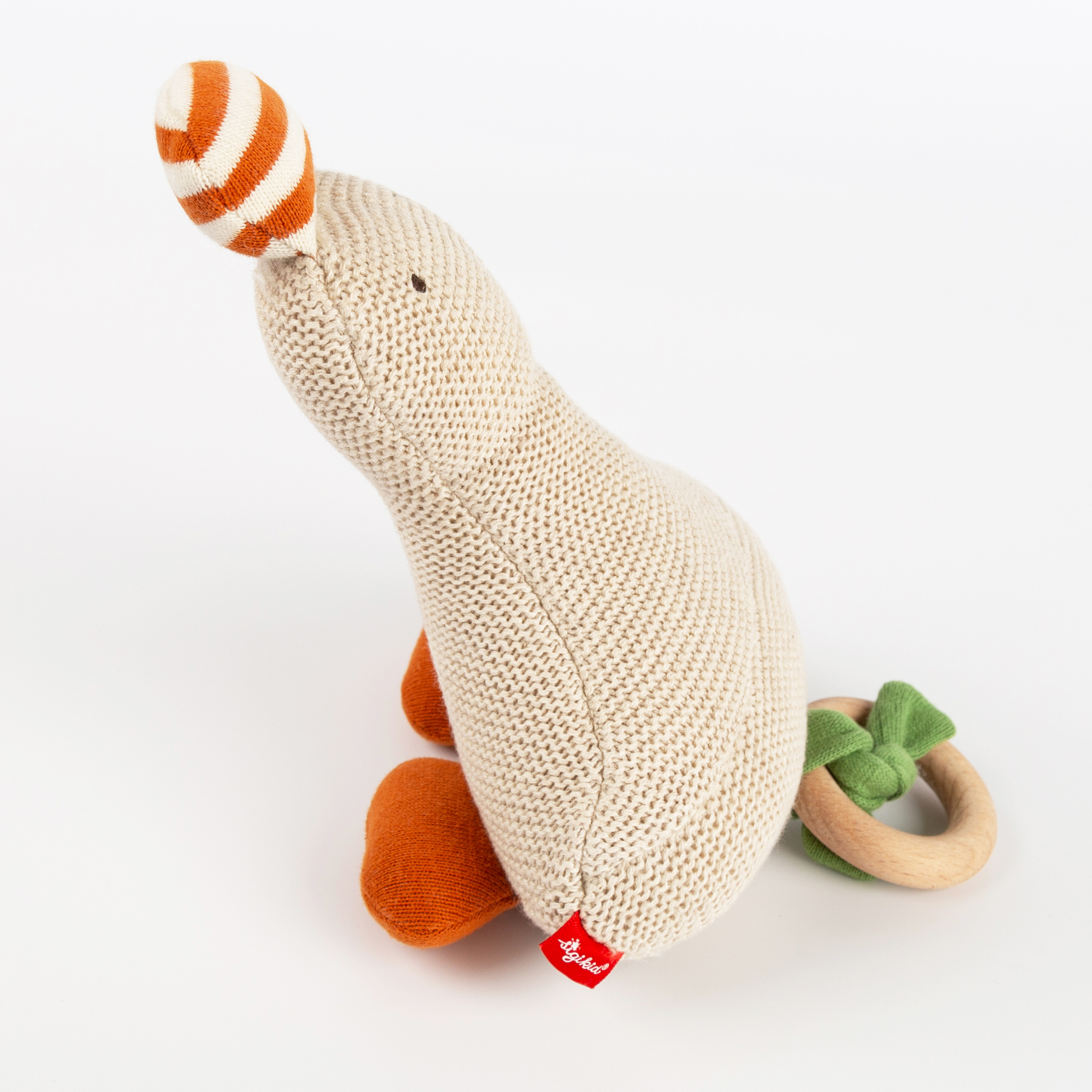 Baby grasp toy rattle goose, wooden ring, Knitted Love
