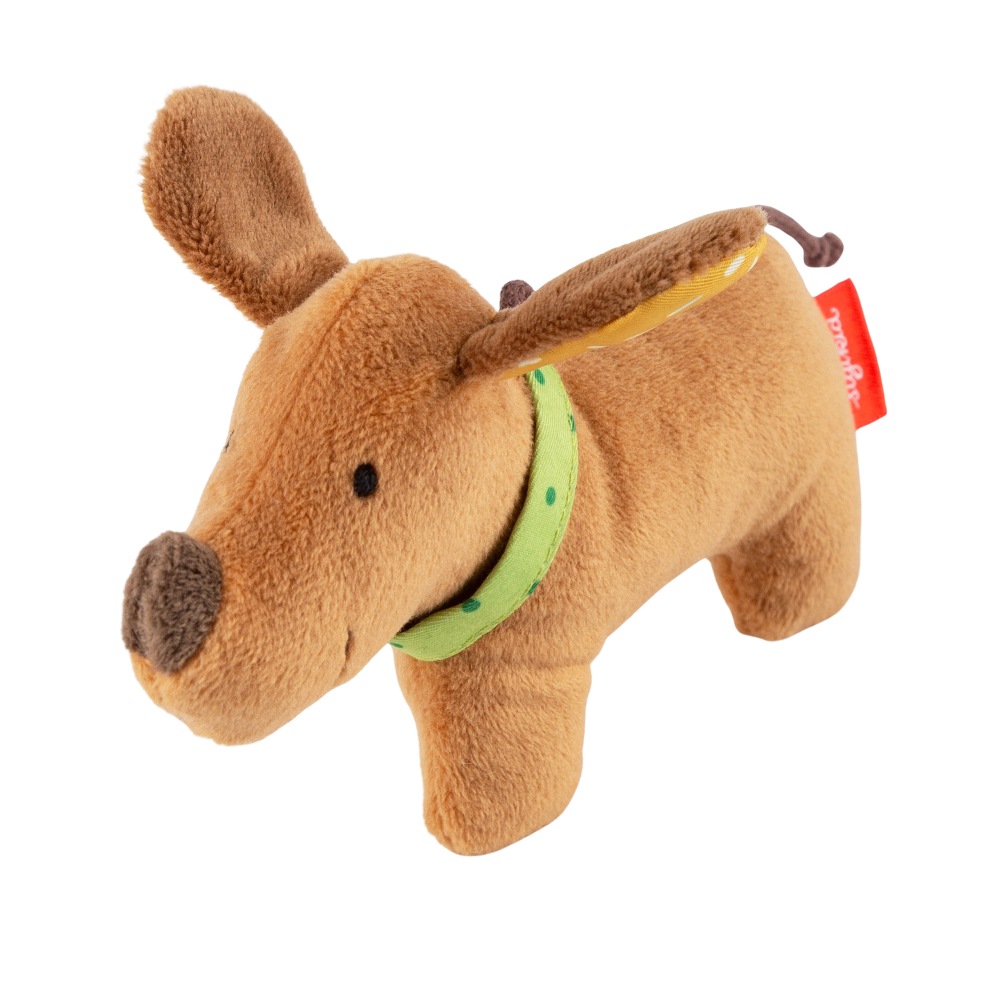 Baby grasping soft toy rattle dog