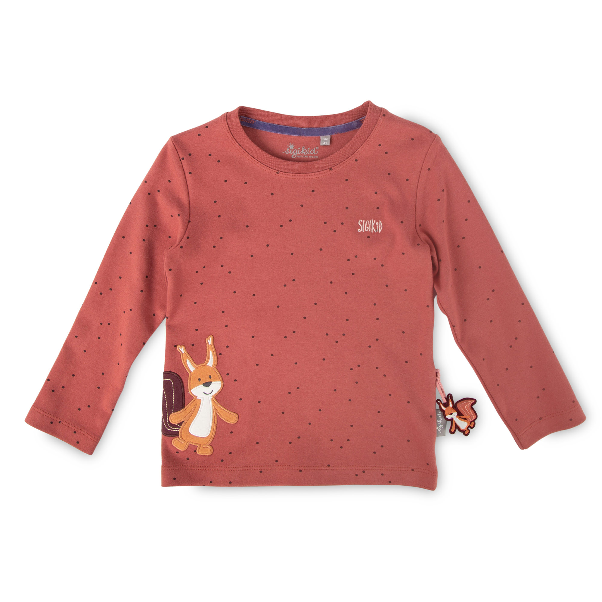 Kinder Langarmshirt mit Eichhörnchen Motiv, rotbraun mit Pünktchen Kinder Langarmshirt mit Eichhörnchen Motiv, rotbraun mit Pünktchen