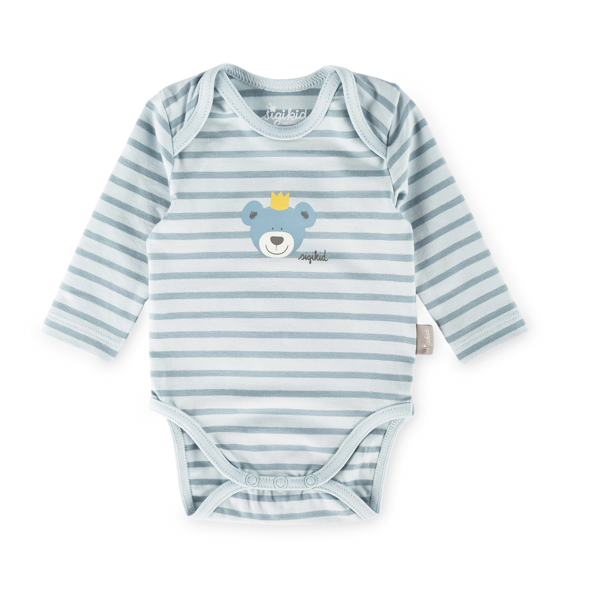 Langarm Babybody Krönchen Bär, blau geringelt Langarm Babybody Krönchen Bär, blau geringelt