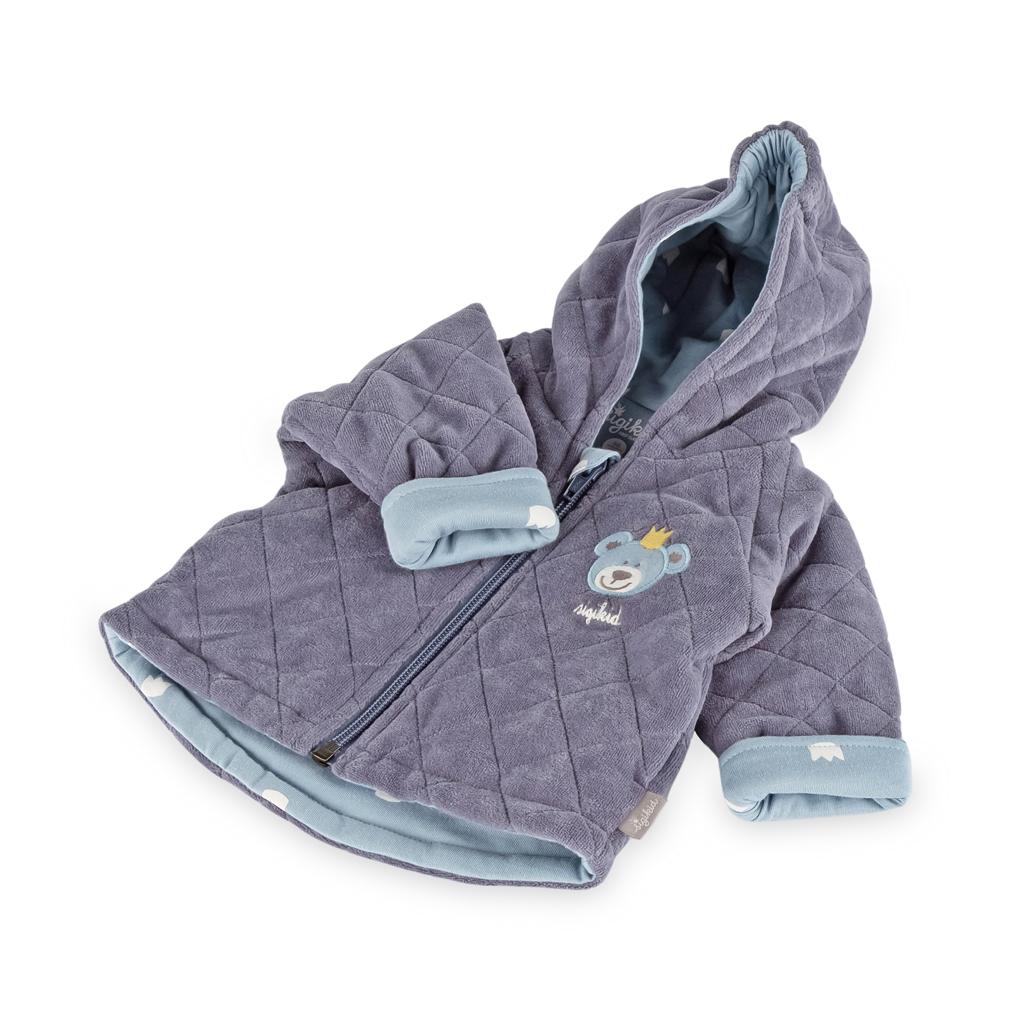 Newborn baby hooded velour jacket bear prince, quilted, dark grey