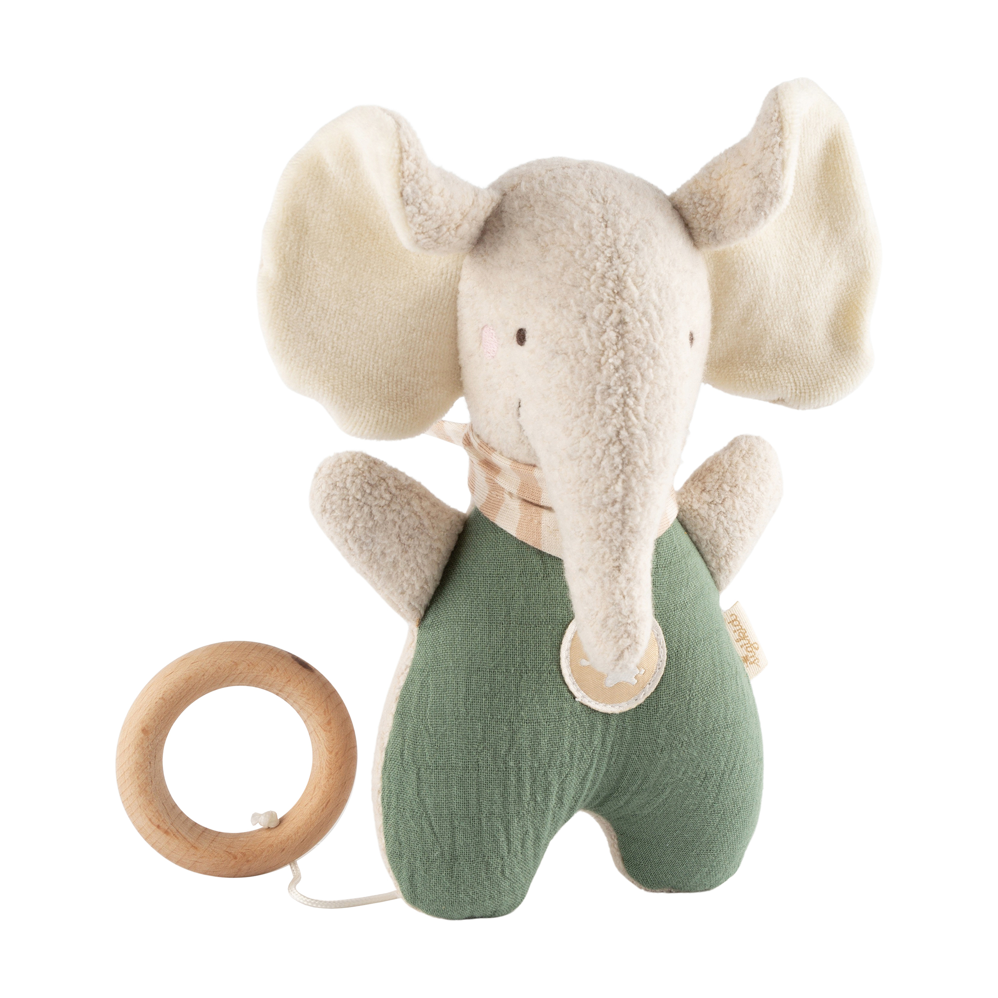 Muslin musical baby soft toy elephant, green