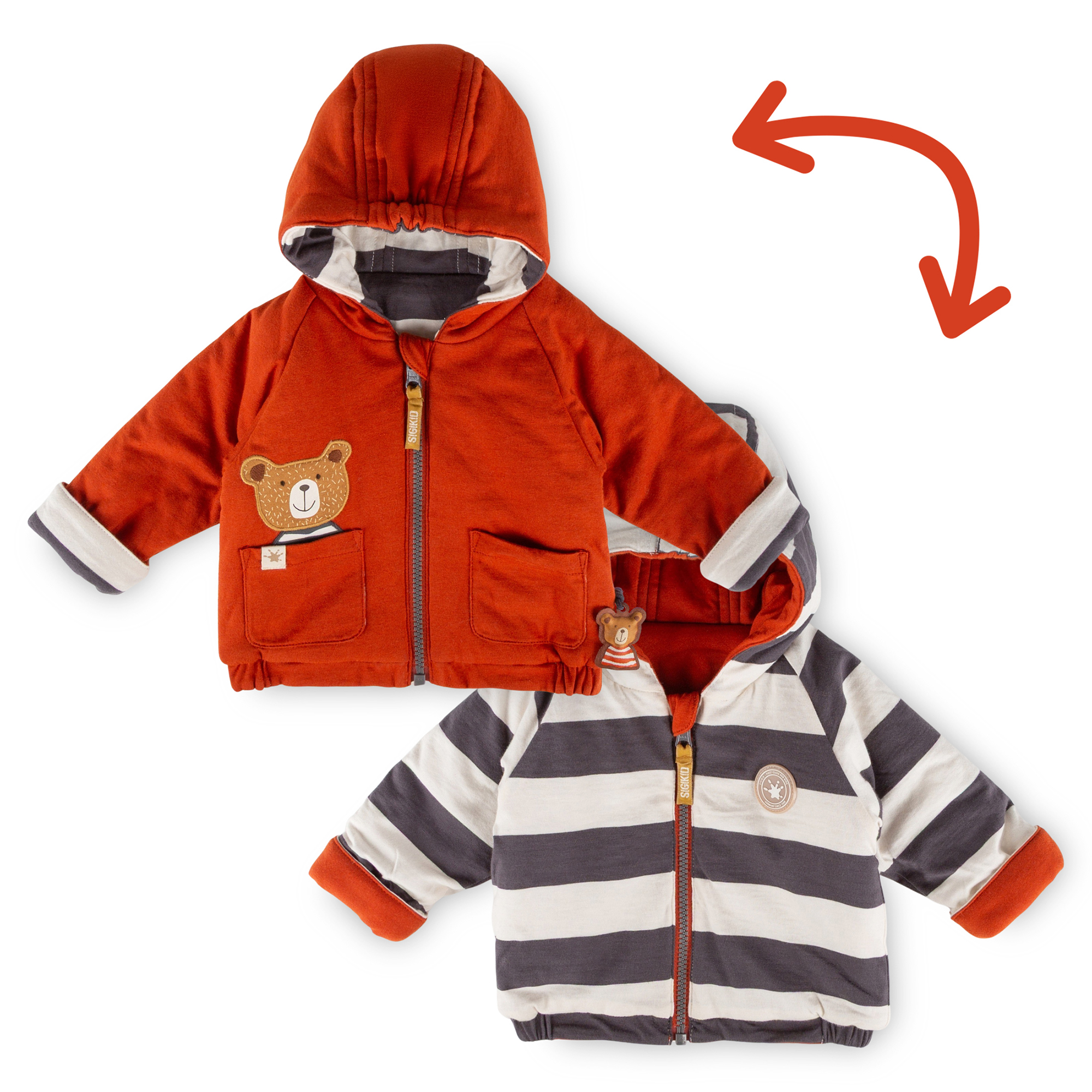Baby Wendejacke Winterbär wattiert, rot oder grau/weiß gestreift