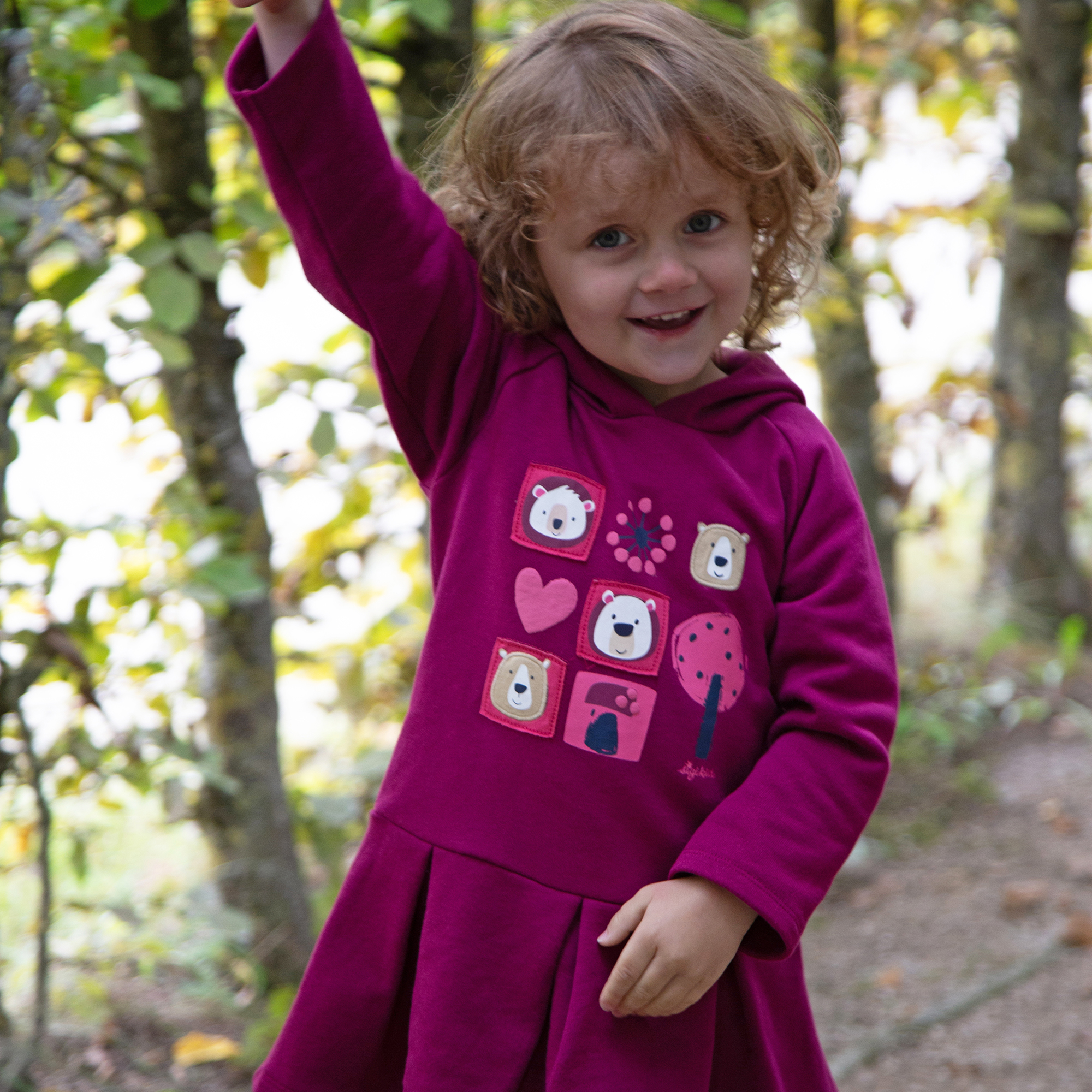 Kinder Kapuzen Sweatkleid Bär Fancy Forest, dunkelpink