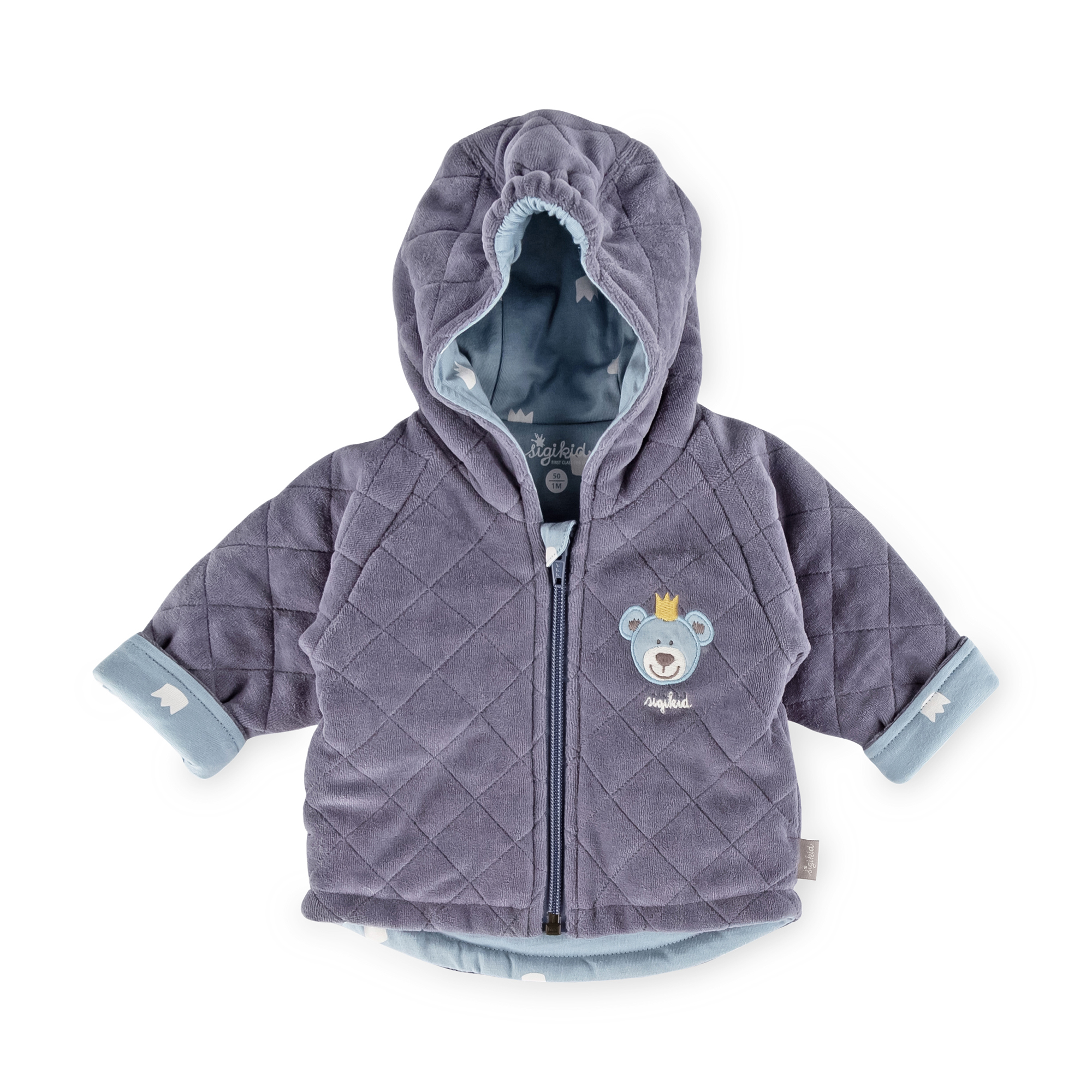 Newborn baby hooded velour jacket bear prince, quilted, dark grey