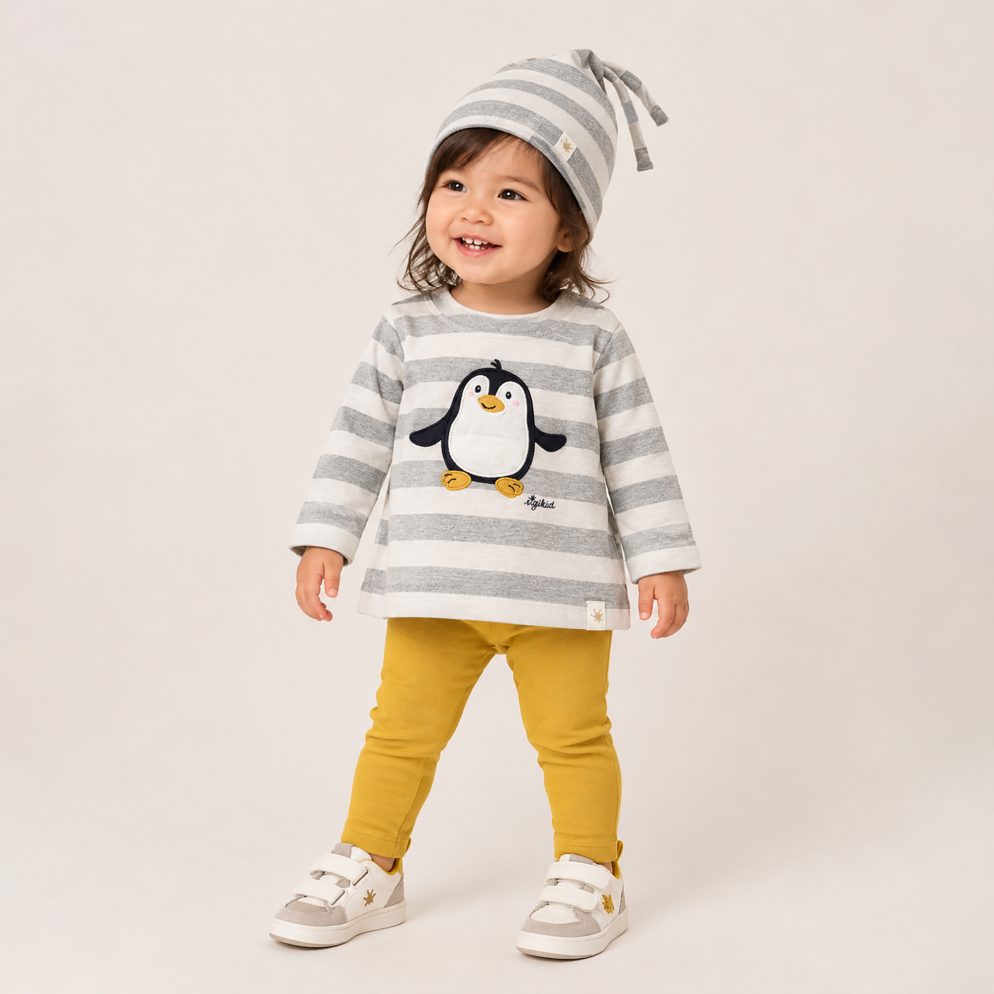 Gestreiftes Baby Langarmshirt Pinguin weiß/hellgrau